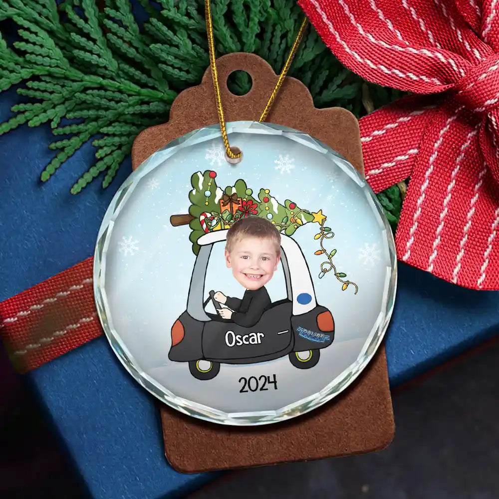 Custom Photo Christmas Baby In Car - Personalized Combo Circle Glass Ornament ORNA1210