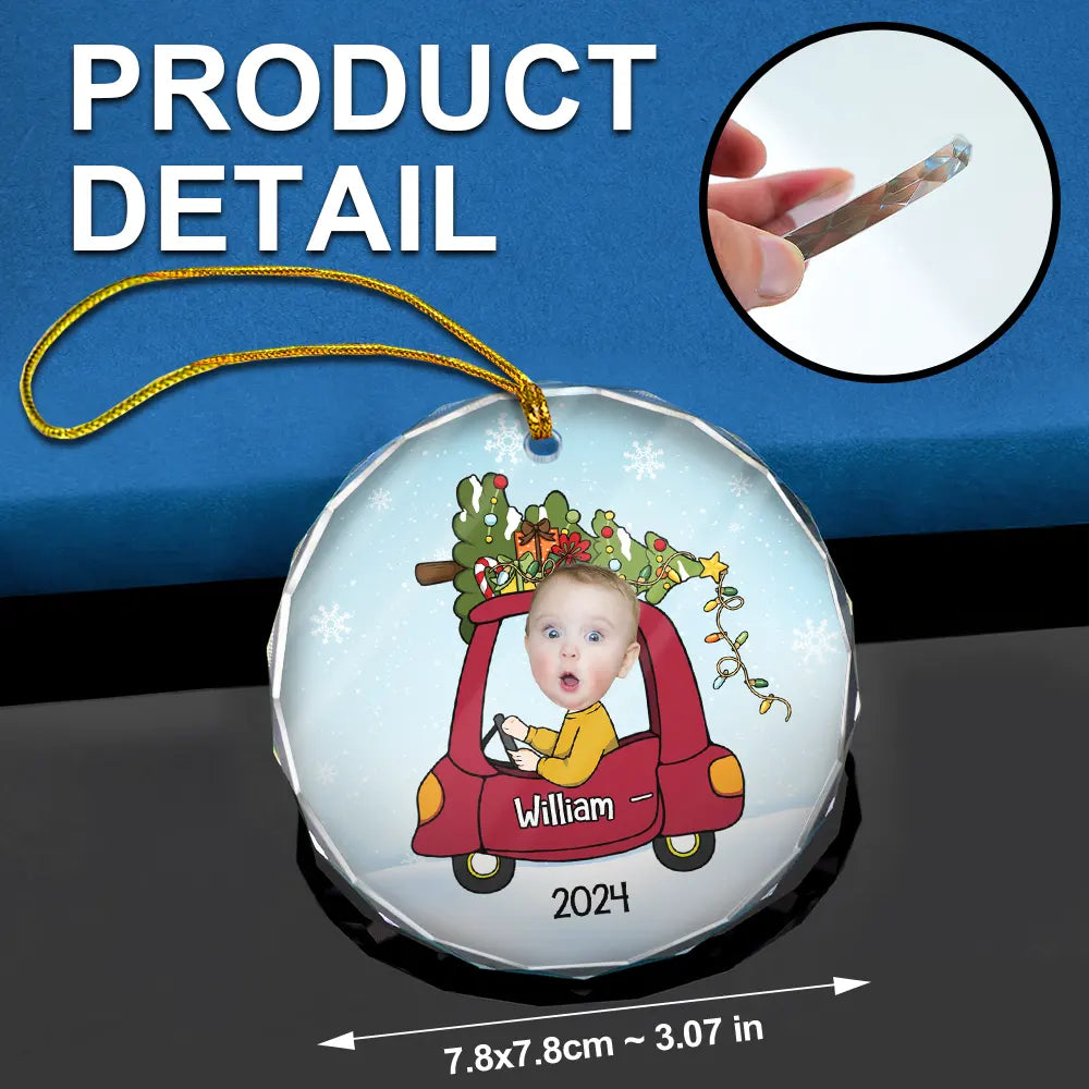 Custom Photo Christmas Baby In Car - Personalized Combo Circle Glass Ornament ORNA1210