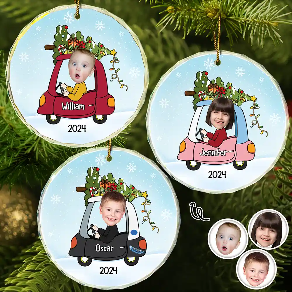 Custom Photo Christmas Baby In Car - Personalized Combo Circle Glass Ornament ORNA1210