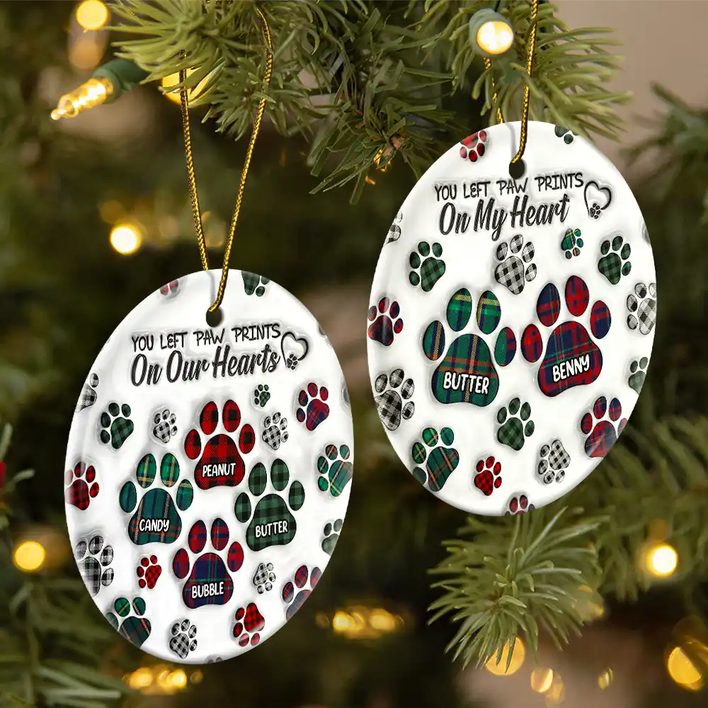 Memorial Dog Cat You Left Paw Prints On My Heart - 3D Inflated Effect Printed Ornament, Personalized Circle Ceramic Ornament ORNA1210