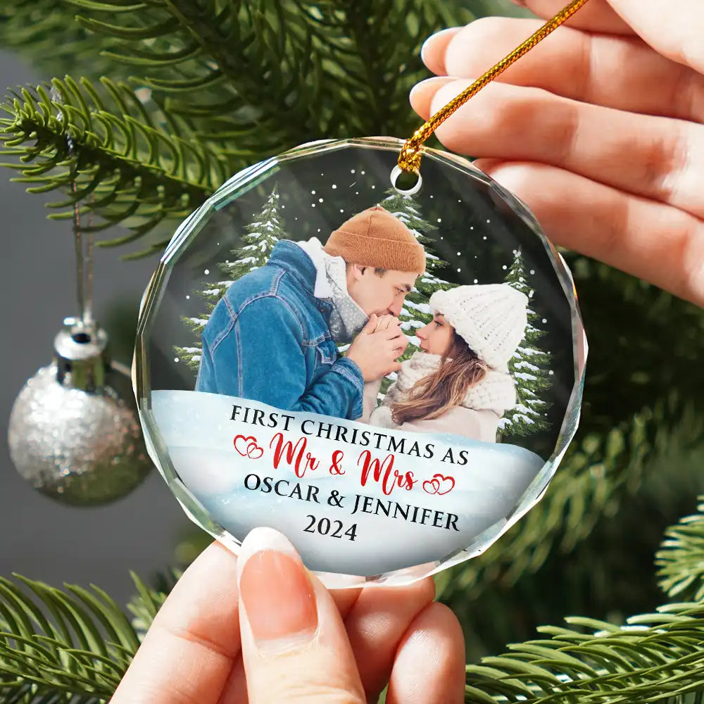 Custom Photo First Christmas Couples - Personalized Circle Glass Ornament ORNA1210