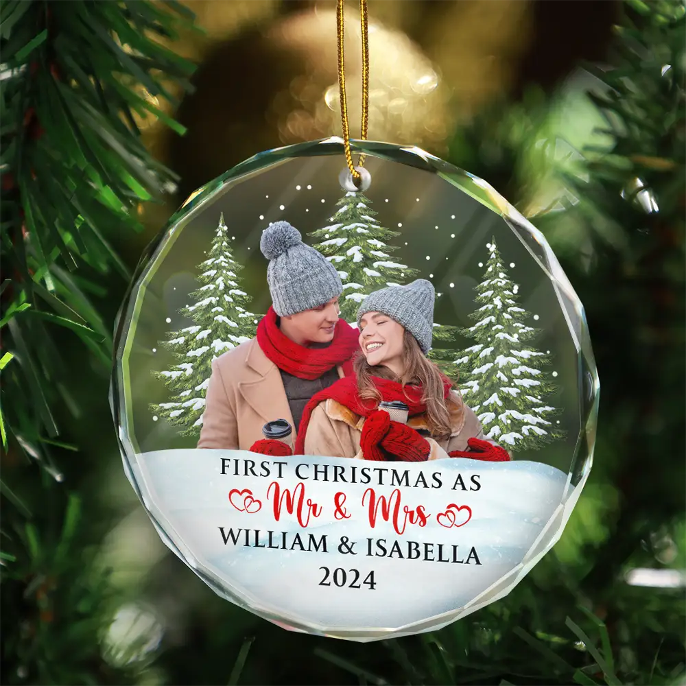 Custom Photo First Christmas Couples - Personalized Circle Glass Ornament ORNA1210