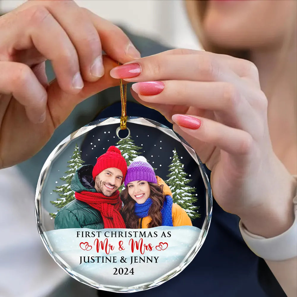 Custom Photo First Christmas Couples - Personalized Circle Glass Ornament ORNA1210