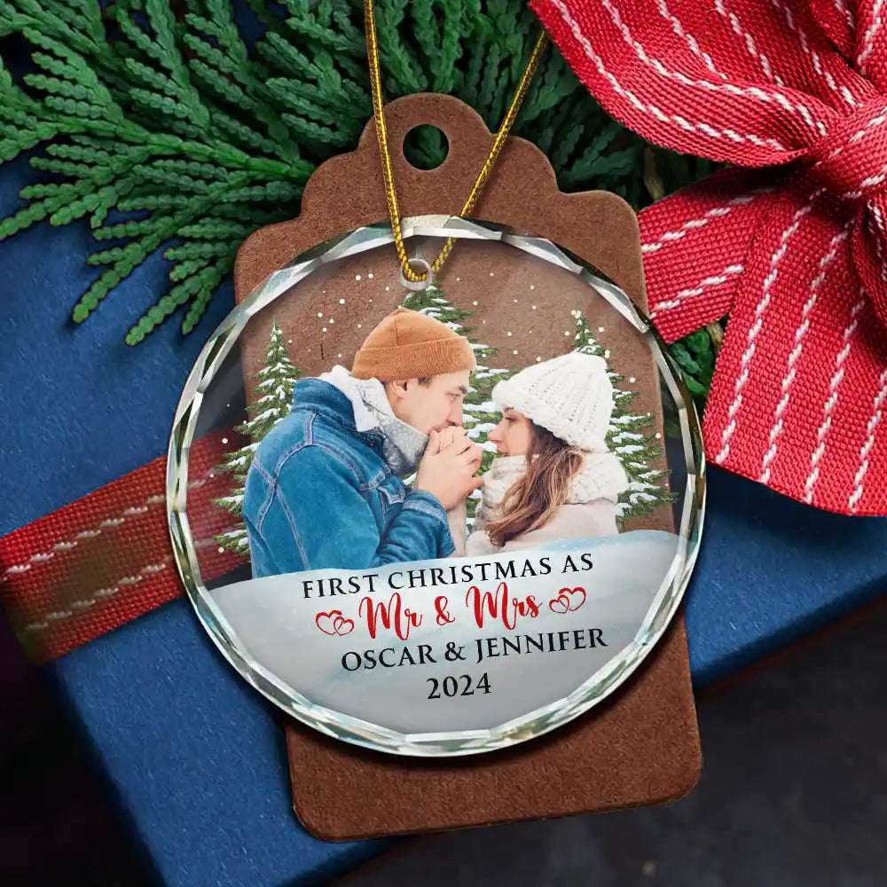Custom Photo First Christmas Couples - Personalized Circle Glass Ornament ORNA1210