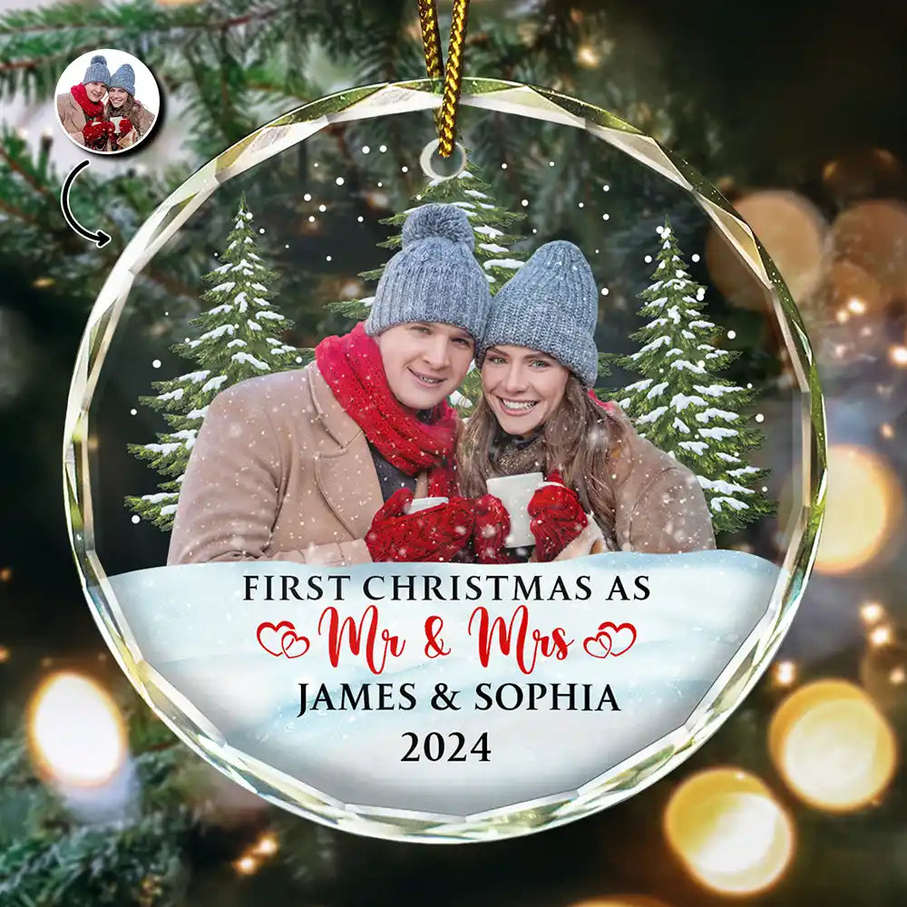 Custom Photo First Christmas Couples - Personalized Circle Glass Ornament ORNA1210