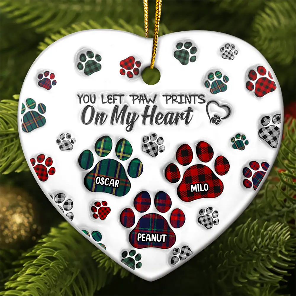 Memorial Dog Cat You Left Paw Prints On My Heart - 3D Inflated Effect Printed Ornament, Personalized Heart Ceramic Ornament ORNA1210