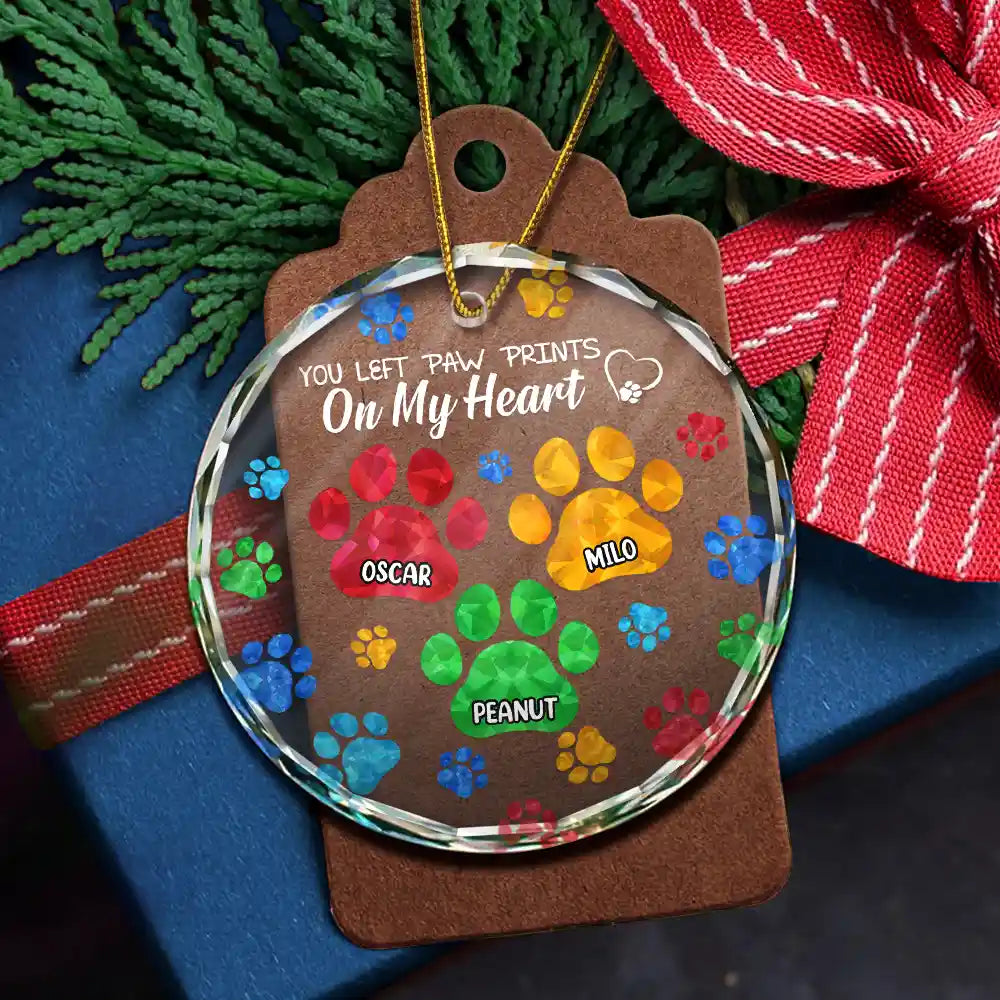 Memorial Cat Dog You Left Paw Prints On My Heart - Personalized Circle Glass Ornament ORNA1210