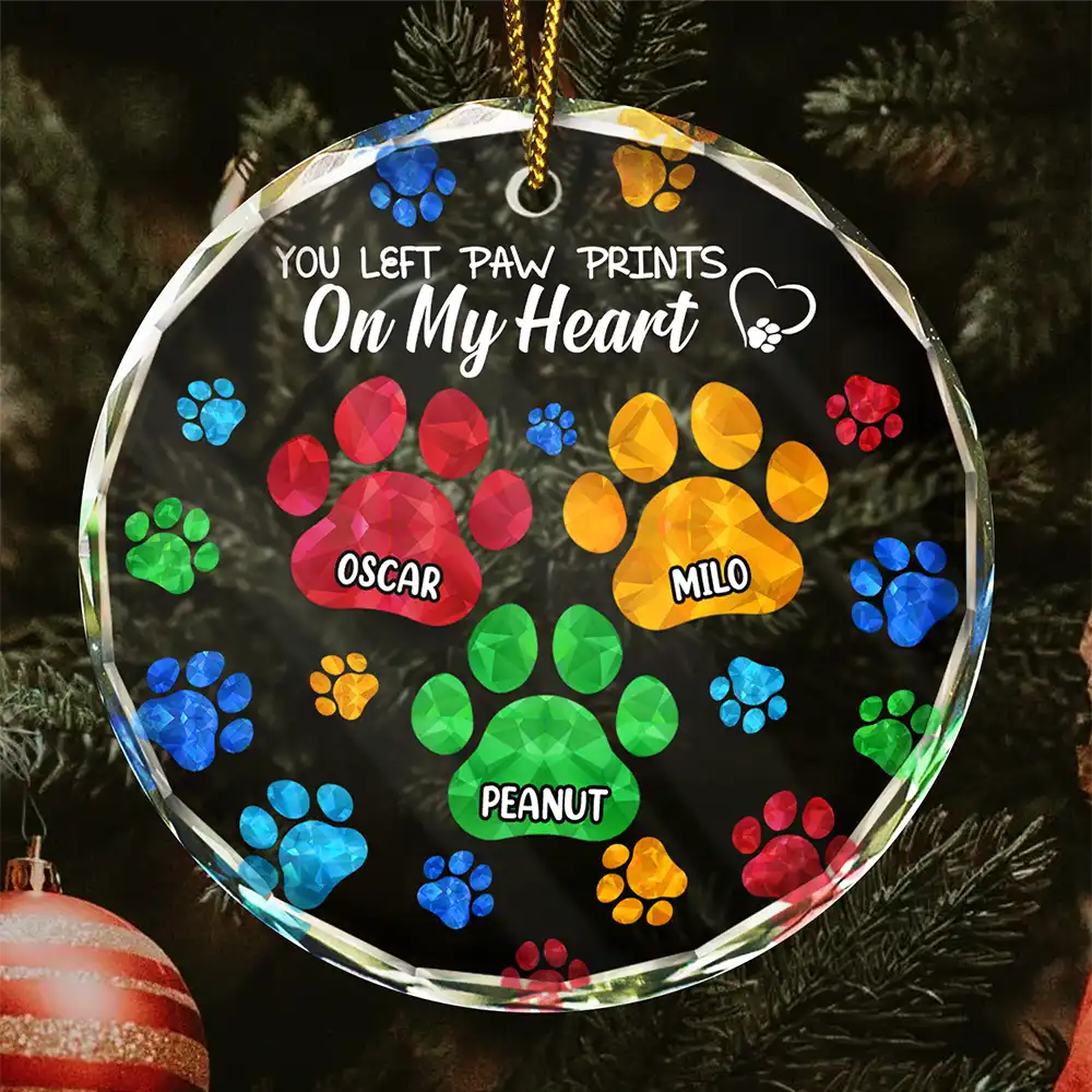 Memorial Cat Dog You Left Paw Prints On My Heart - Personalized Circle Glass Ornament ORNA1210