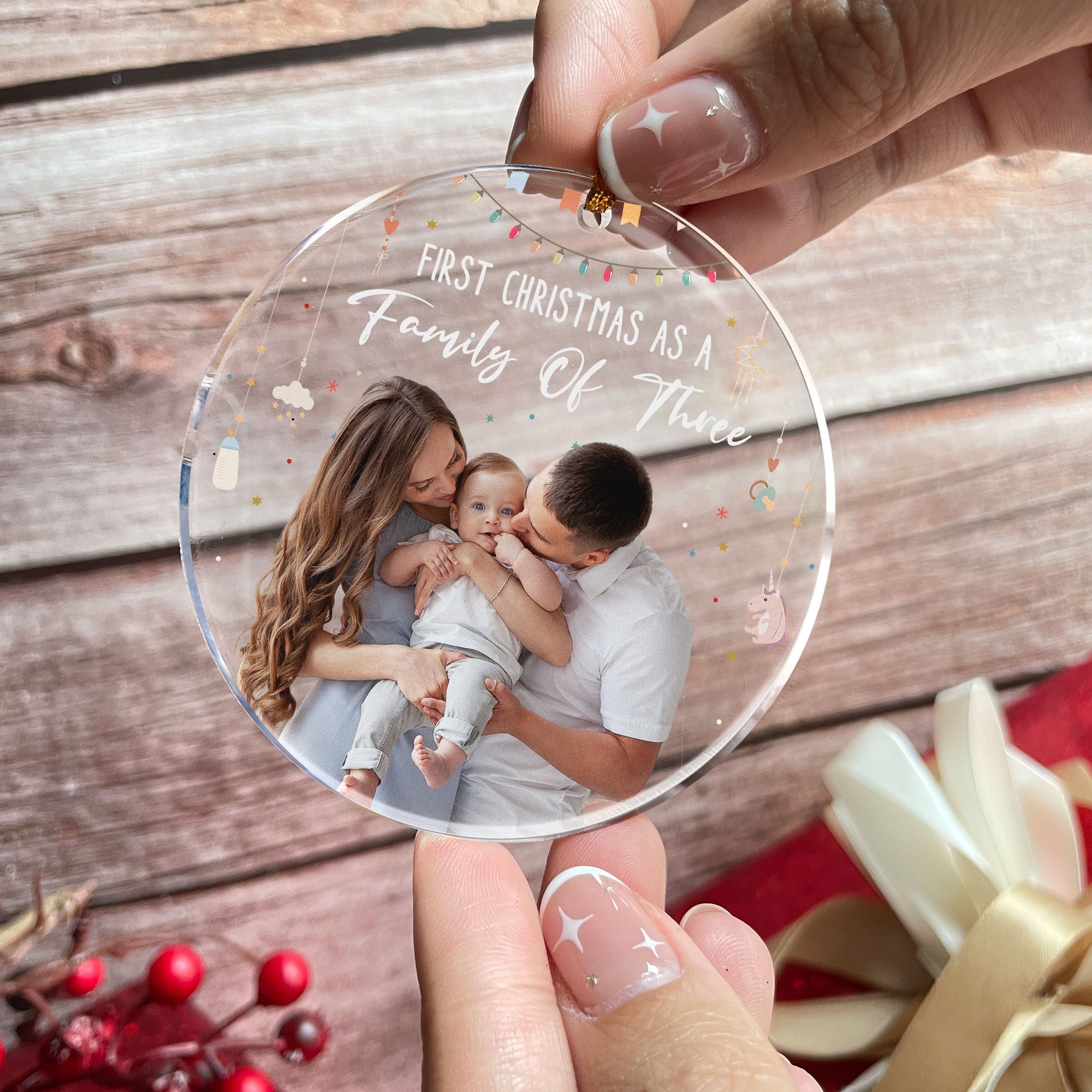 Baby First Christmas As A Family Of Three - Personalized Photo Acrylic Ornament ORN0810