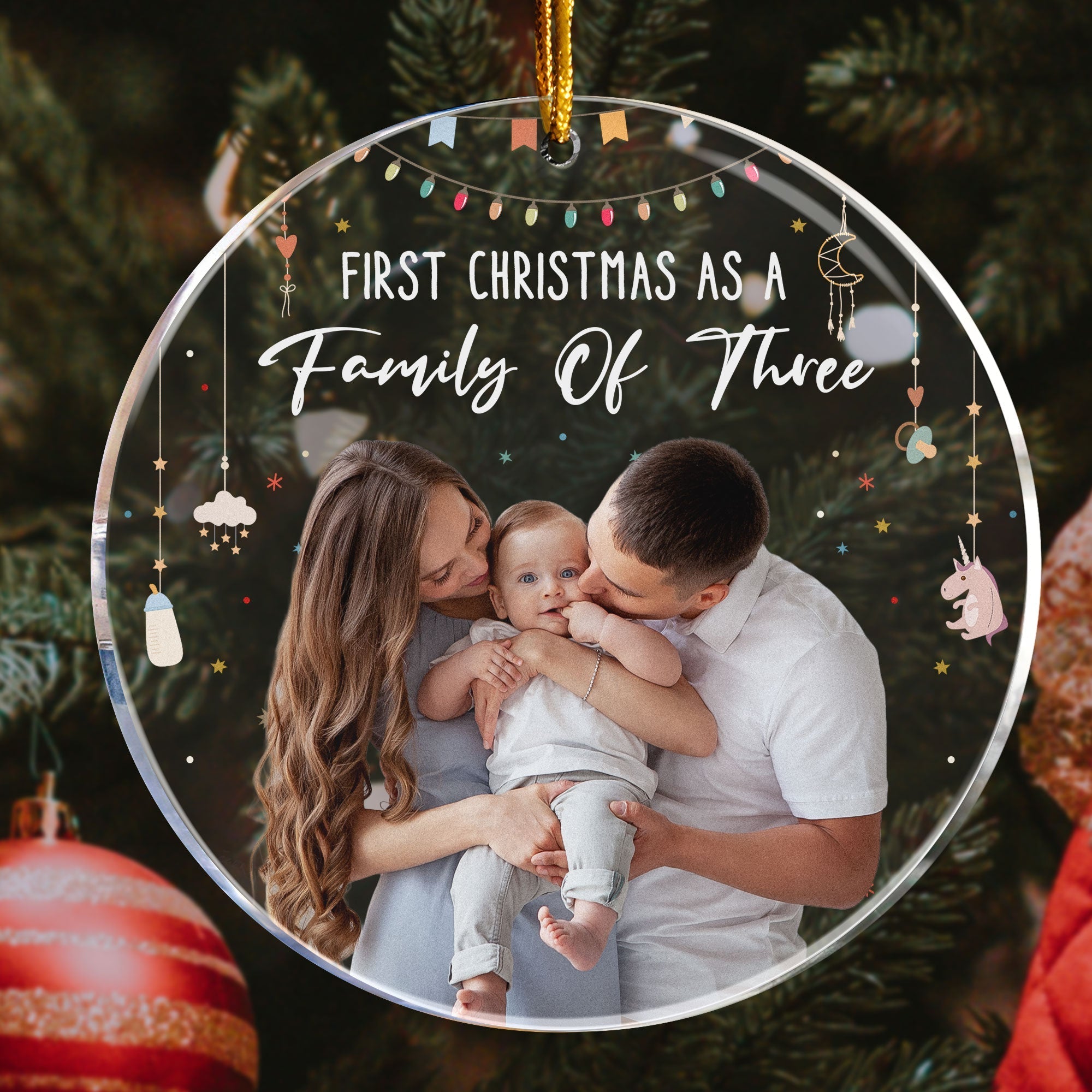 Baby First Christmas As A Family Of Three - Personalized Photo Acrylic Ornament ORN0810