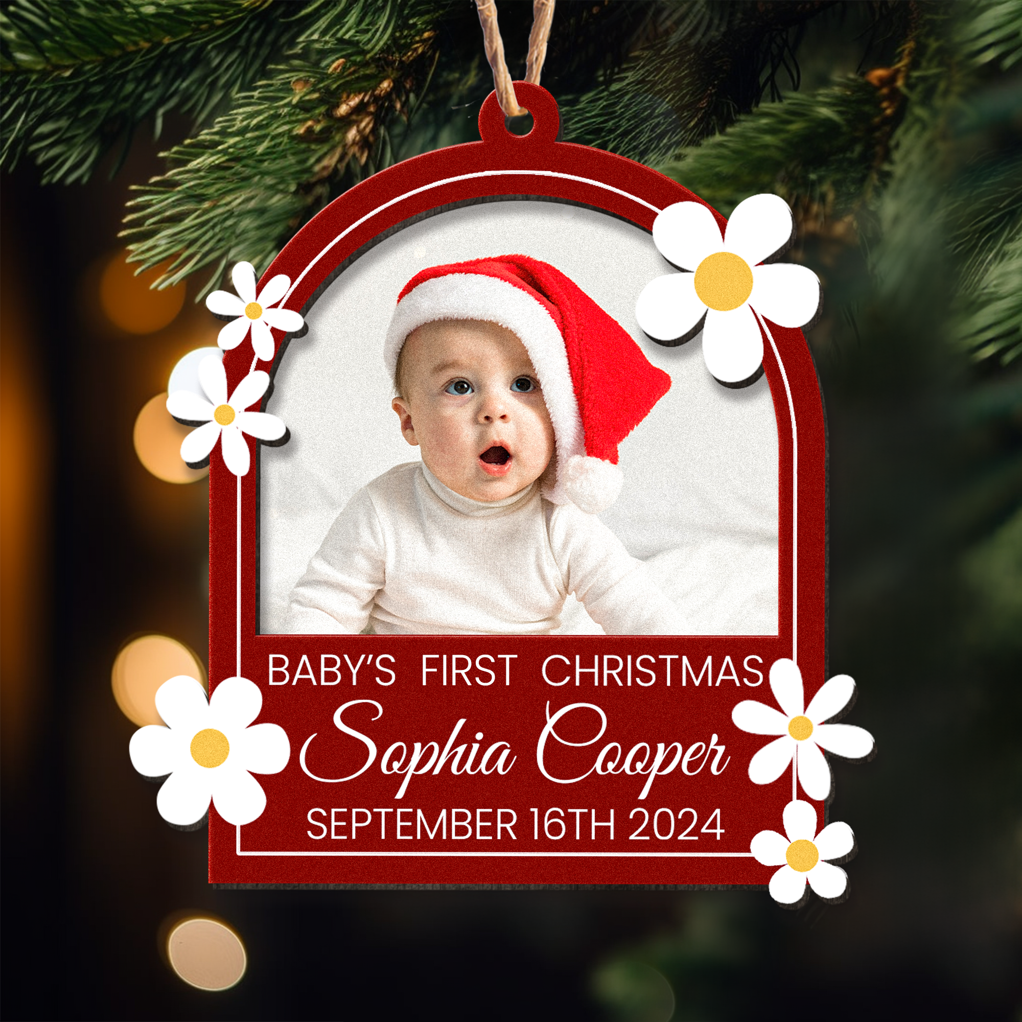 Baby's First Christmas With Flowers - Personalized Wooden Photo Ornament ORN0810