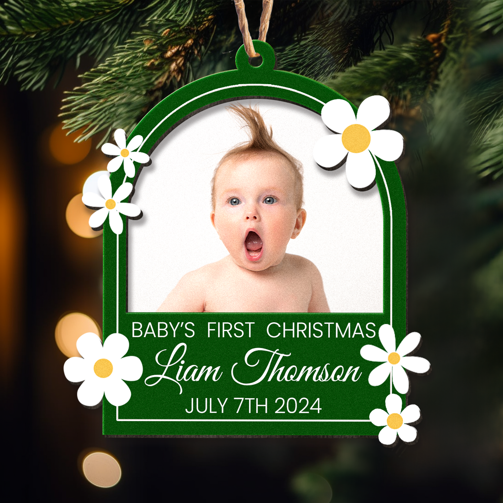 Baby's First Christmas With Flowers - Personalized Wooden Photo Ornament ORN0810