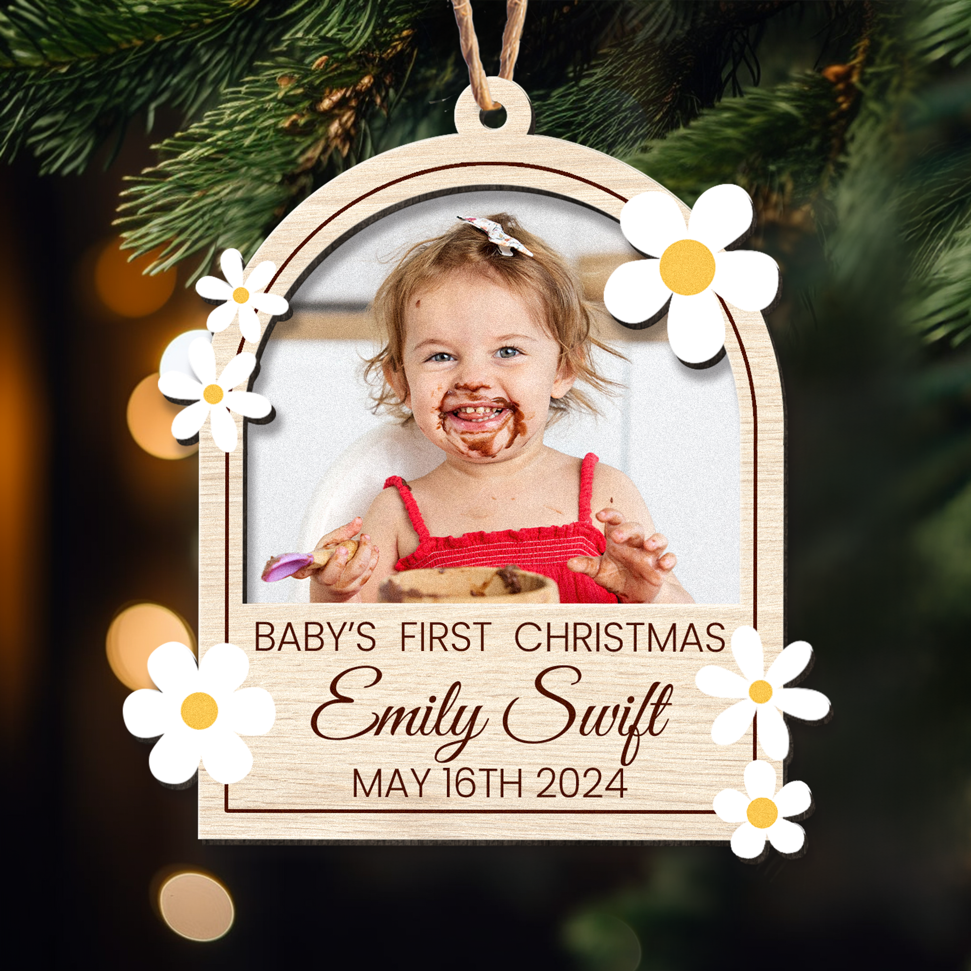 Baby's First Christmas With Flowers - Personalized Wooden Photo Ornament ORN0810