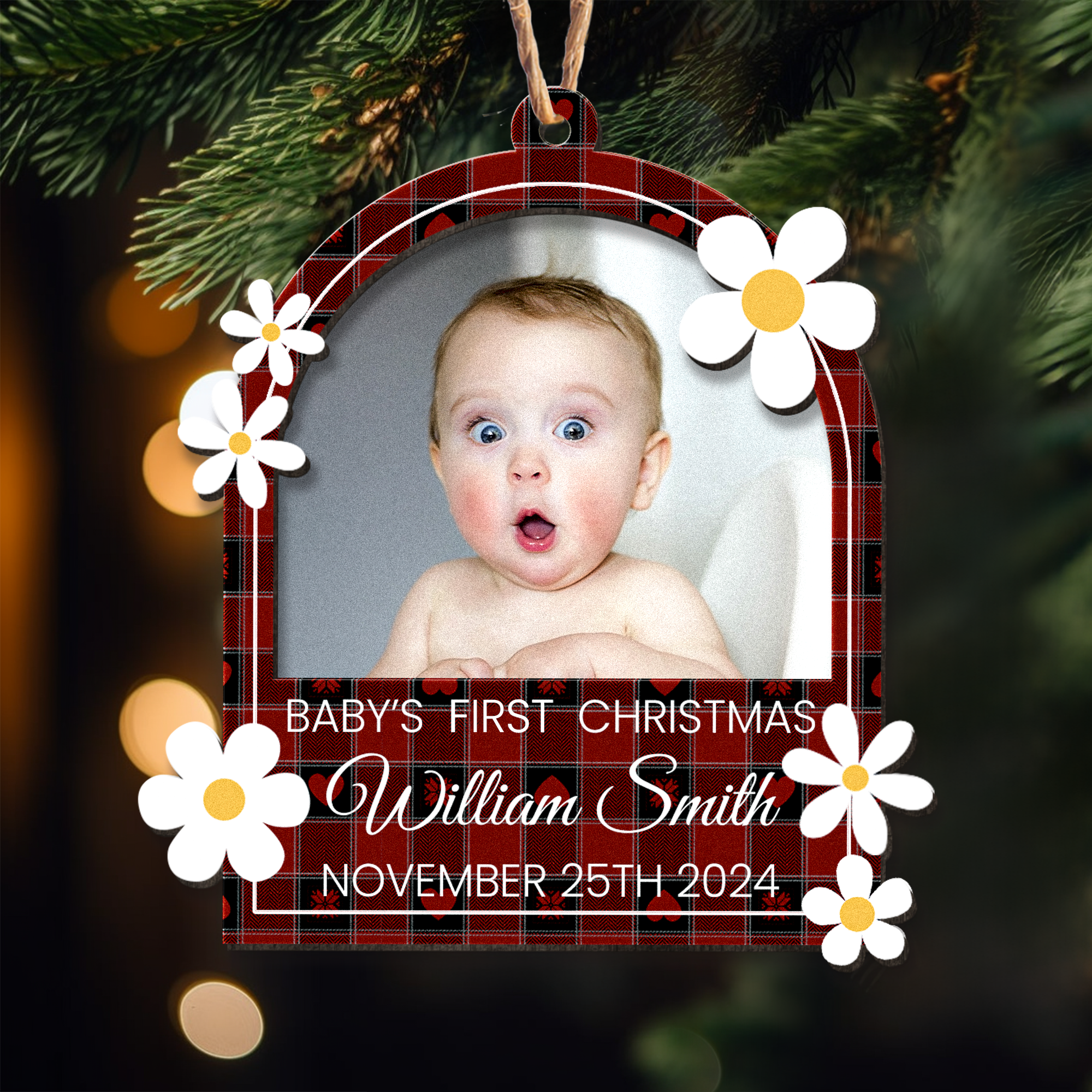 Baby's First Christmas With Flowers - Personalized Wooden Photo Ornament ORN0810