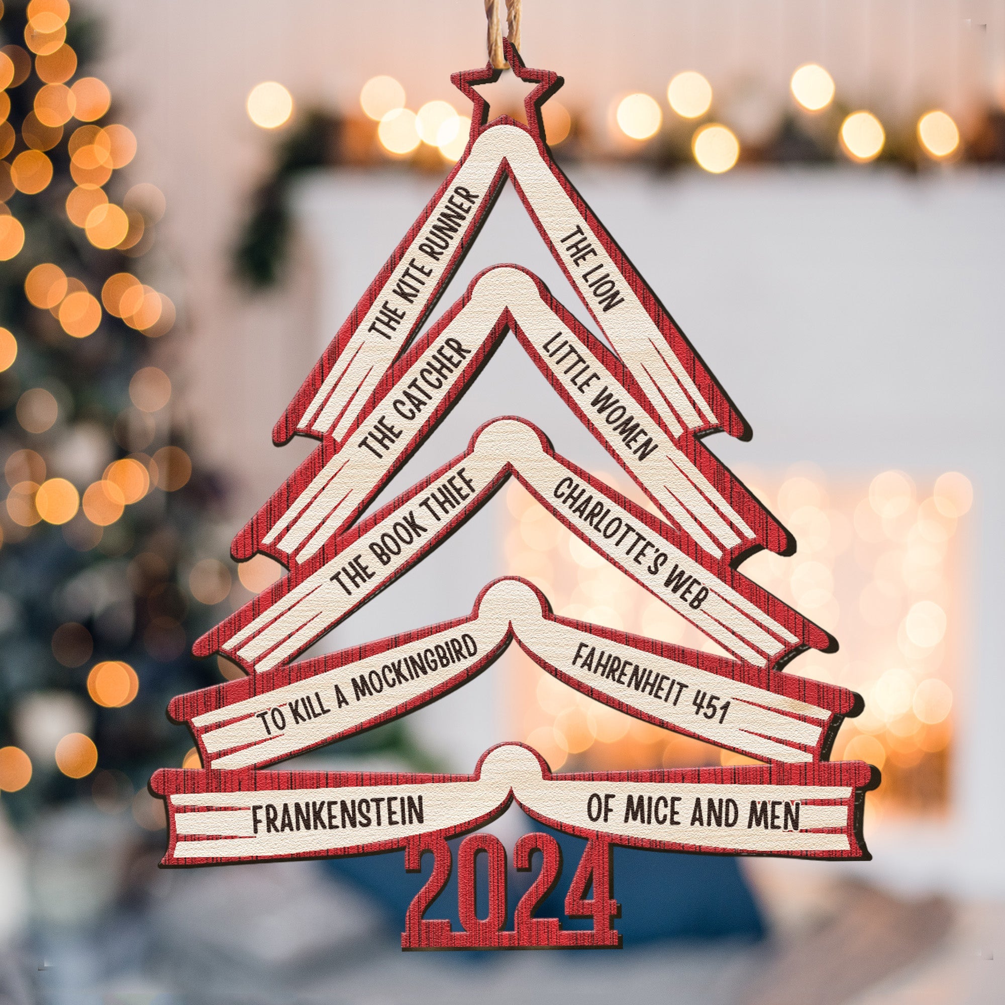 Book Names Christmas Tree 2024 - Personalized Wooden Ornament ORN0810