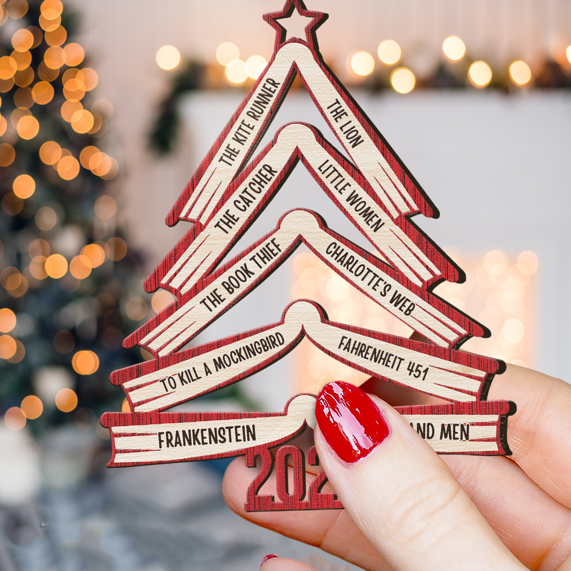 Book Names Christmas Tree 2024 - Personalized Wooden Ornament ORN0810