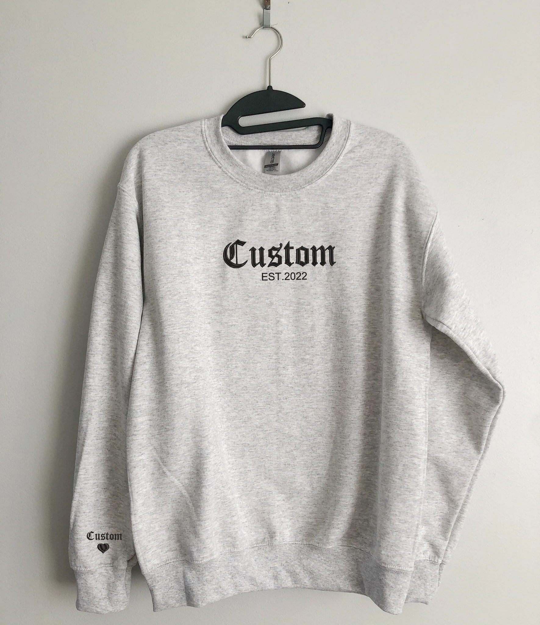 Custom embroidered hoodies, crewnecks - Initial on Sleeve em3