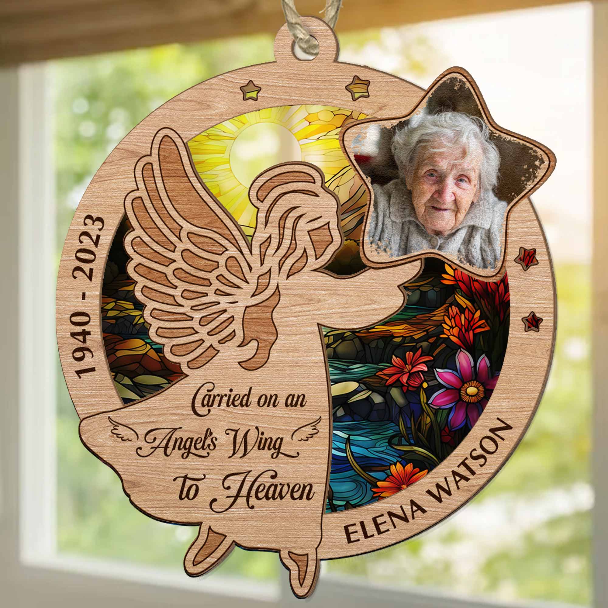 Carried On An Angel'S Wing To Heaven - Personalized Suncatcher Ornament ORN0810