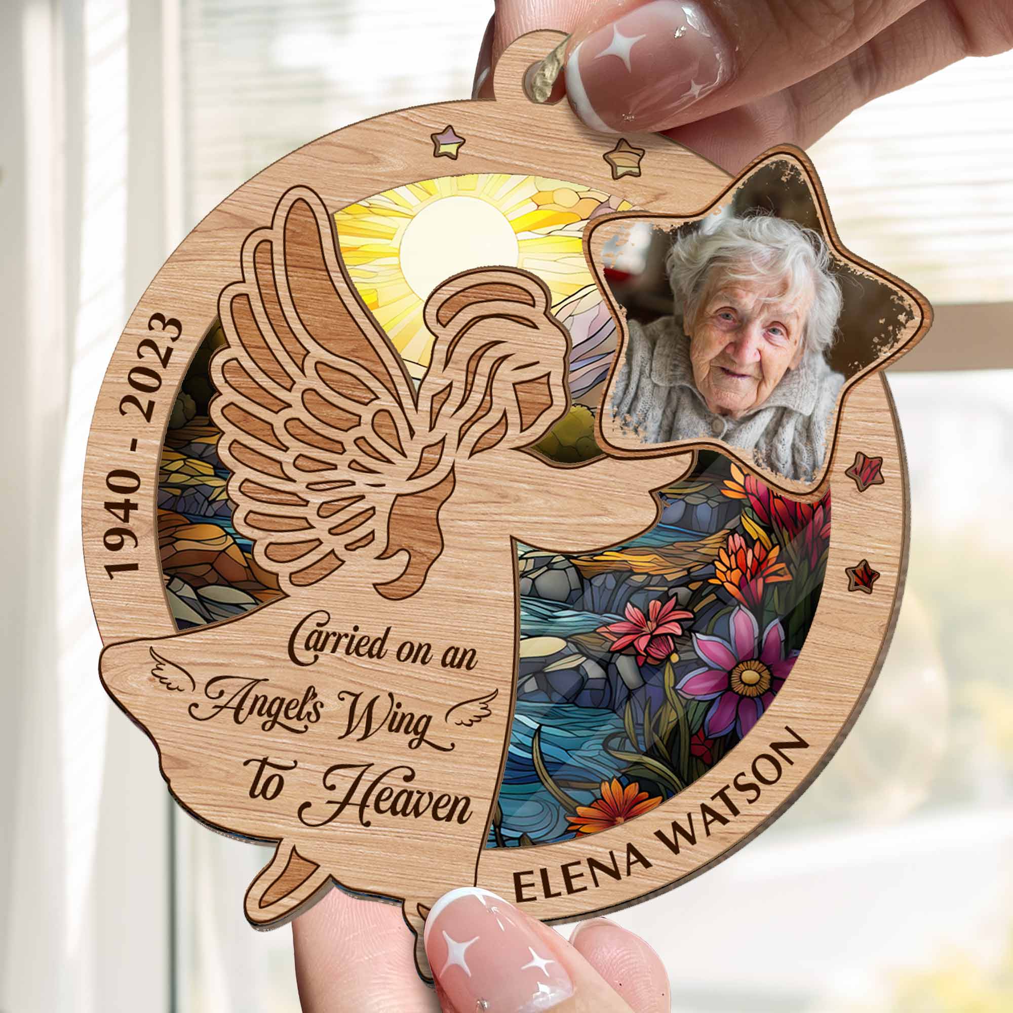 Carried On An Angel'S Wing To Heaven - Personalized Suncatcher Ornament ORN0810