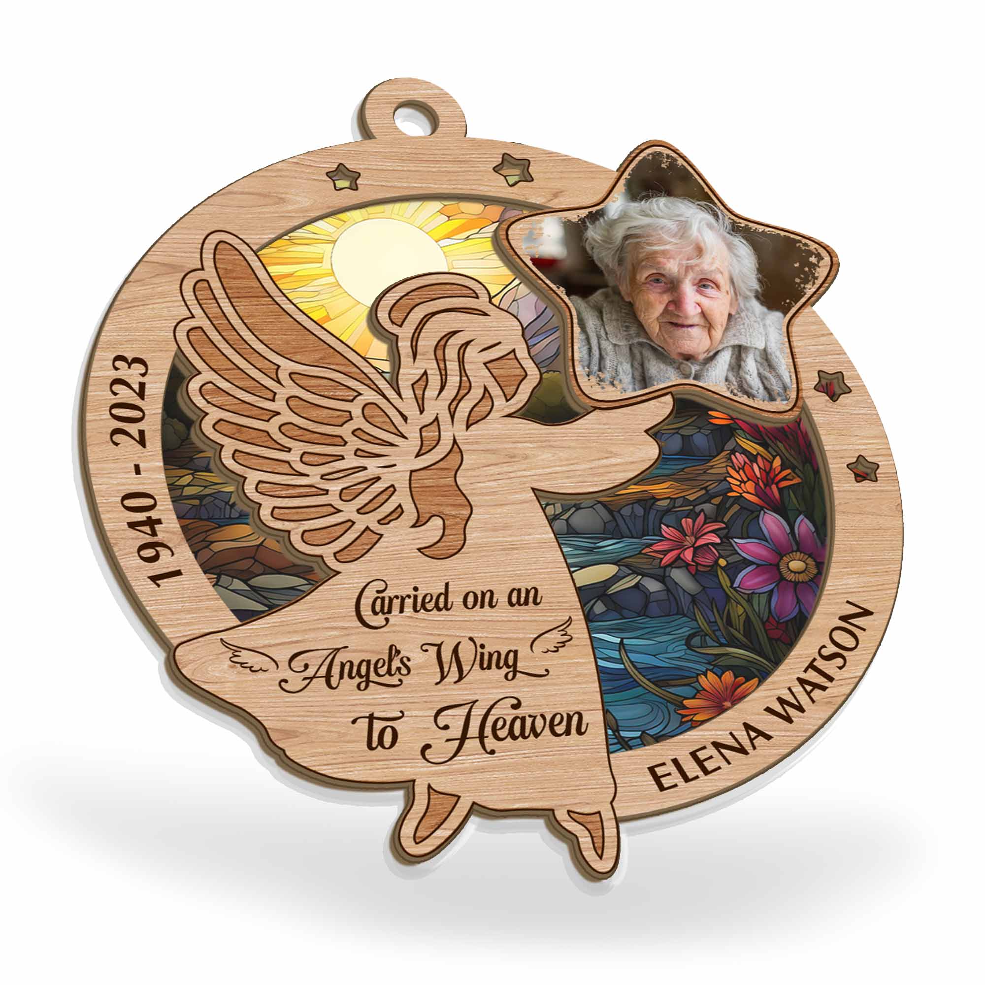 Carried On An Angel'S Wing To Heaven - Personalized Suncatcher Ornament ORN0810