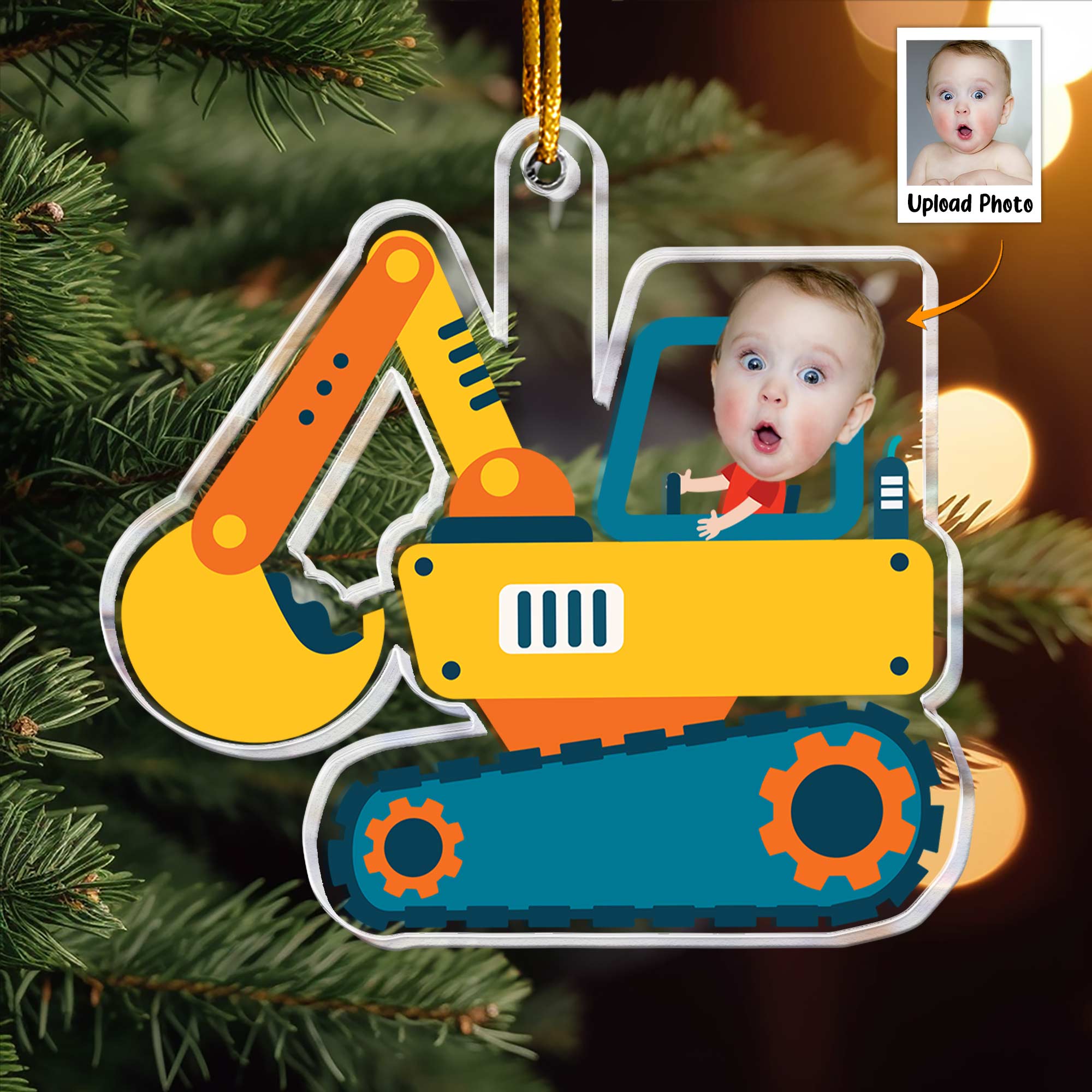 Christmas Boy Riding Construction Vehicle - Personalized Babys Photo First Christmas Ornament ORN0810