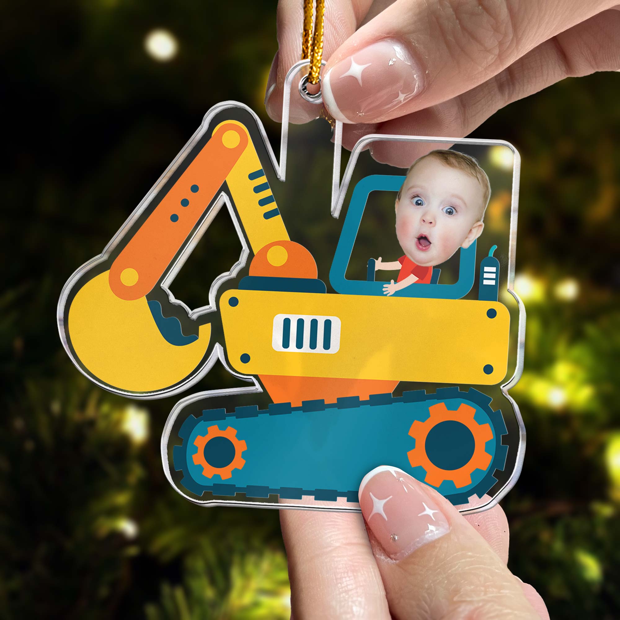 Christmas Boy Riding Construction Vehicle - Personalized Babys Photo First Christmas Ornament ORN0810