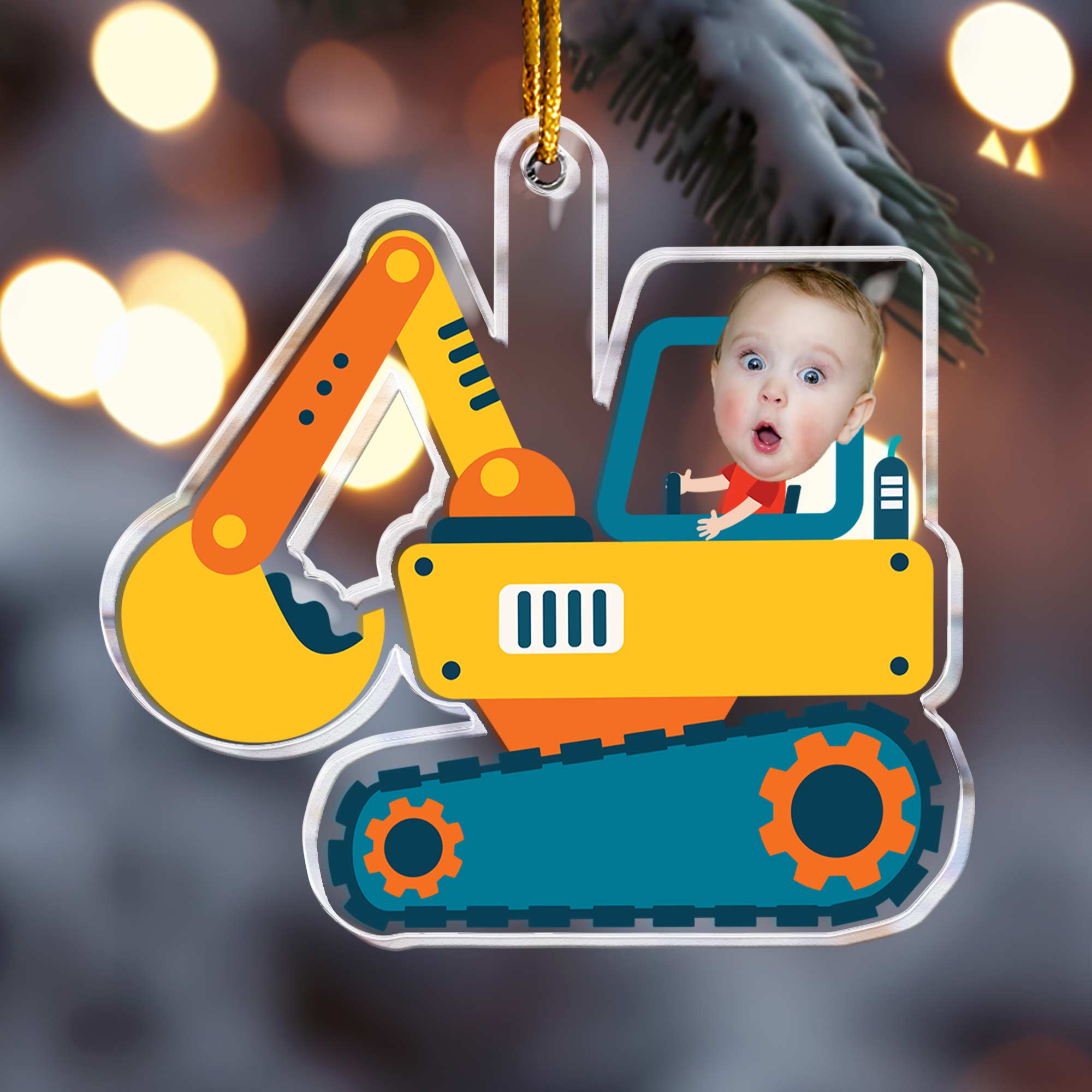 Christmas Boy Riding Construction Vehicle - Personalized Babys Photo First Christmas Ornament ORN0810