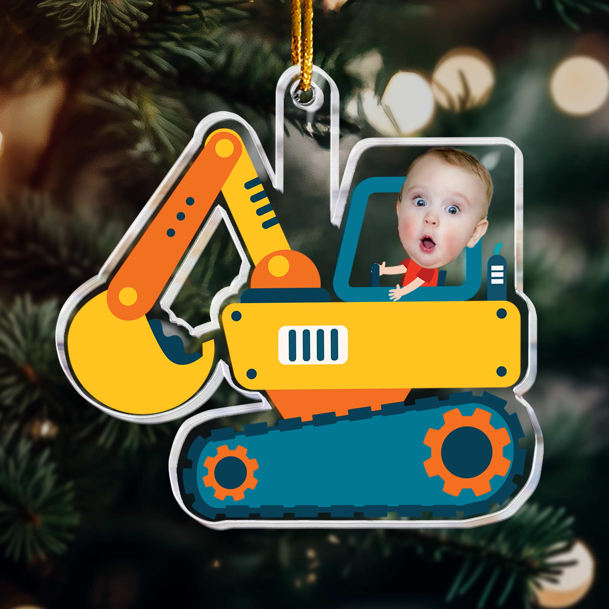 Christmas Boy Riding Construction Vehicle - Personalized Babys Photo First Christmas Ornament ORN0810