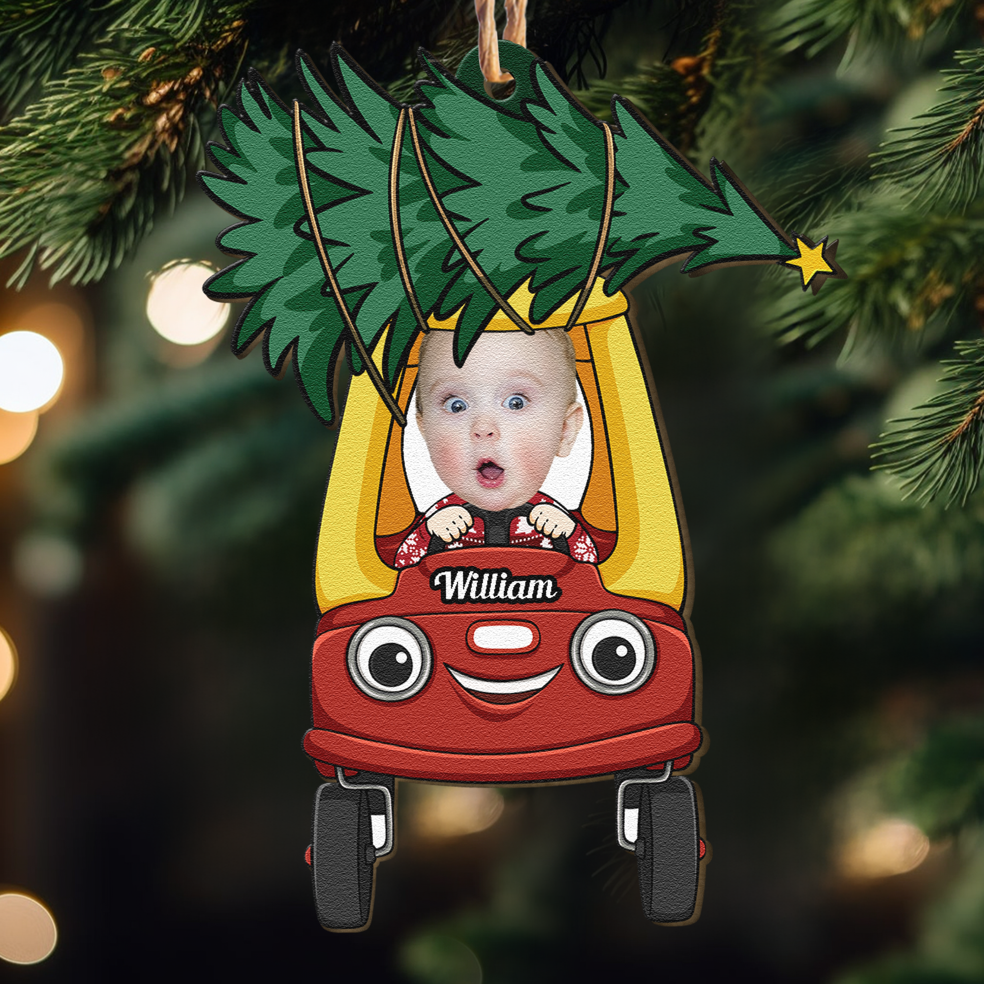 Christmas Tree On Car - Personalized Wooden Photo Ornament ORN0810