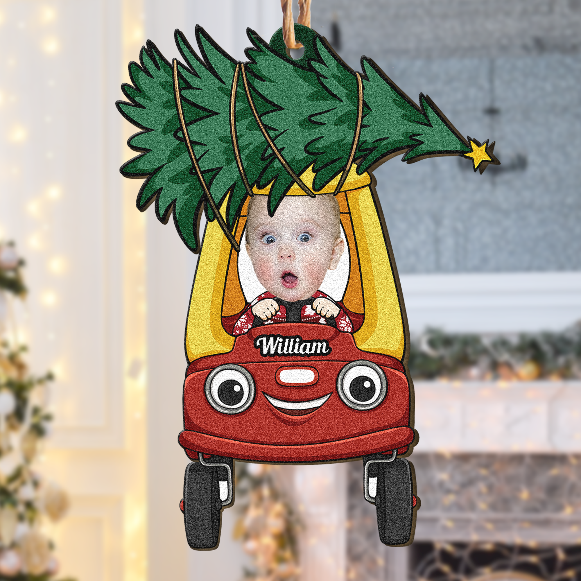 Christmas Tree On Car - Personalized Wooden Photo Ornament ORN0810