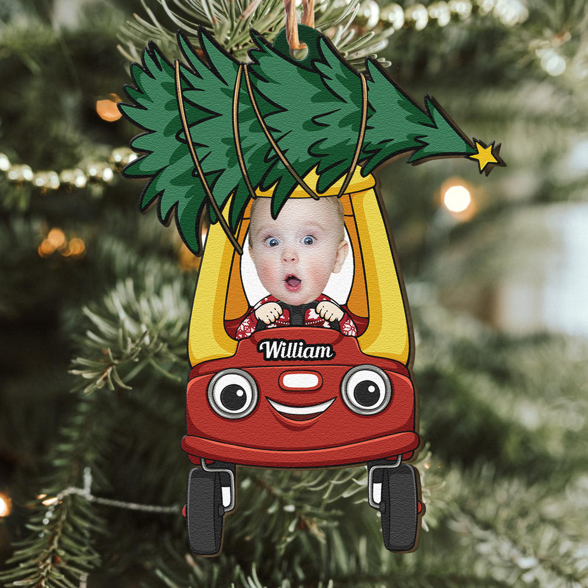 Christmas Tree On Car - Personalized Wooden Photo Ornament ORN0810