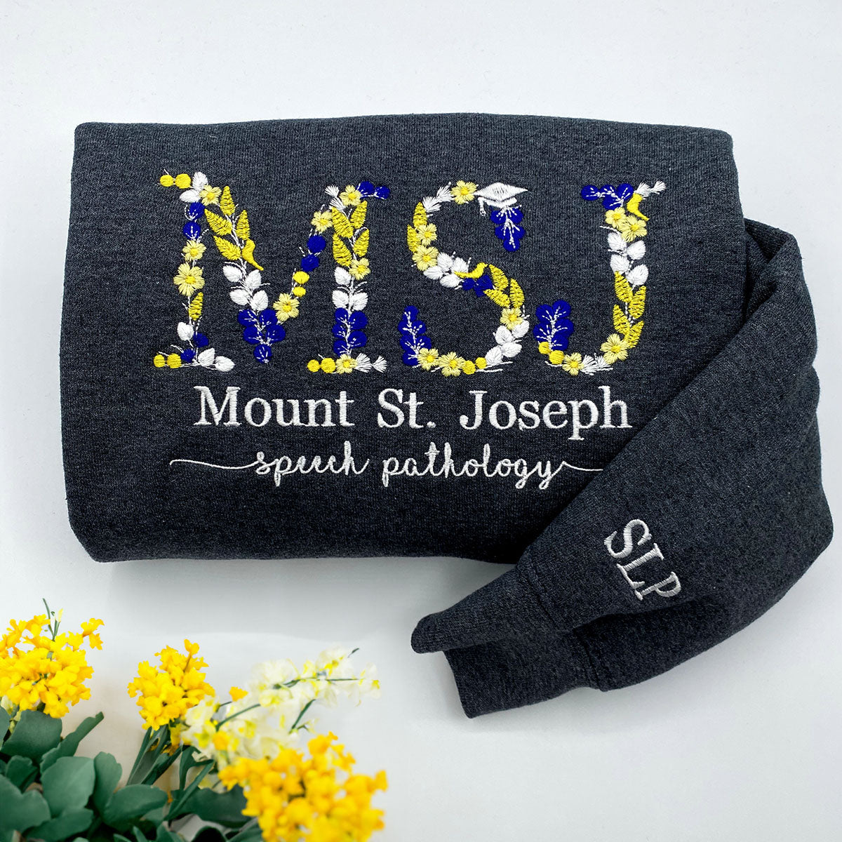 Custom Embroidered Flower Letter Sweatshirt with Name of University EM5