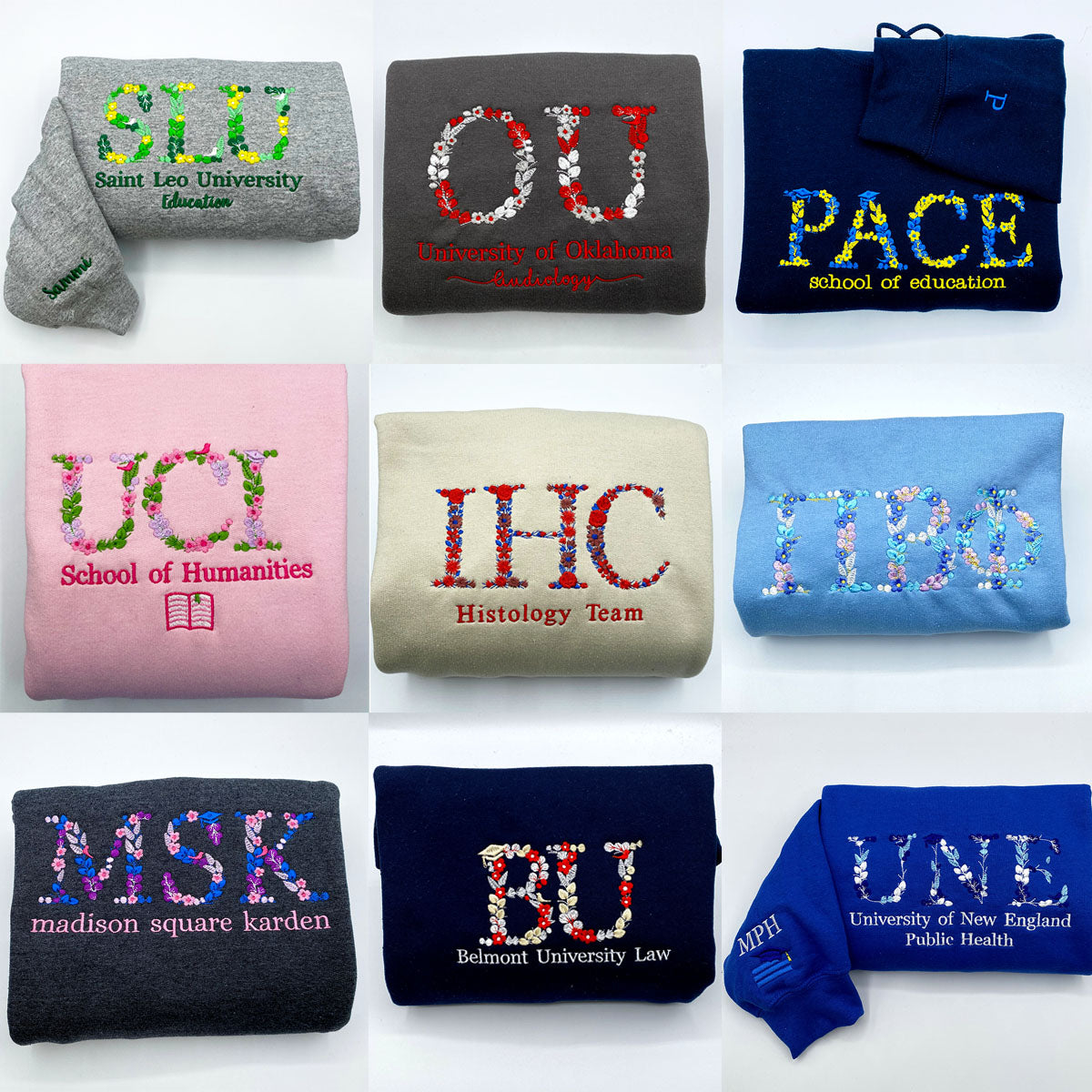 Custom Embroidered Flower Letter Sweatshirt with Name of University EM5