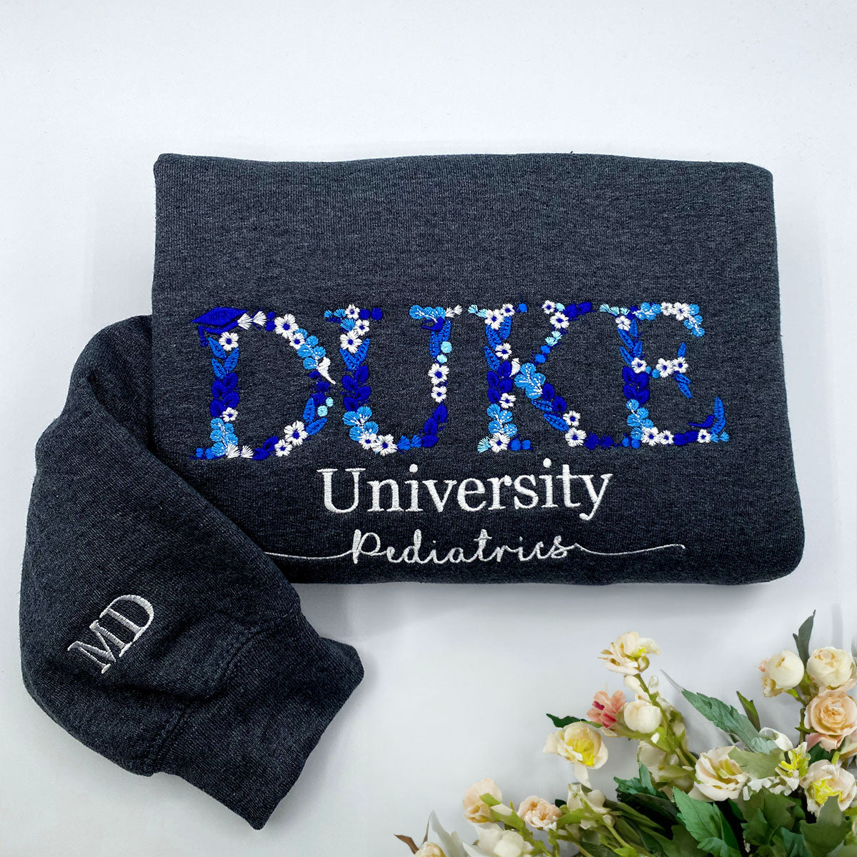 Custom Embroidered Flower Letter Sweatshirt with Name of University EM5