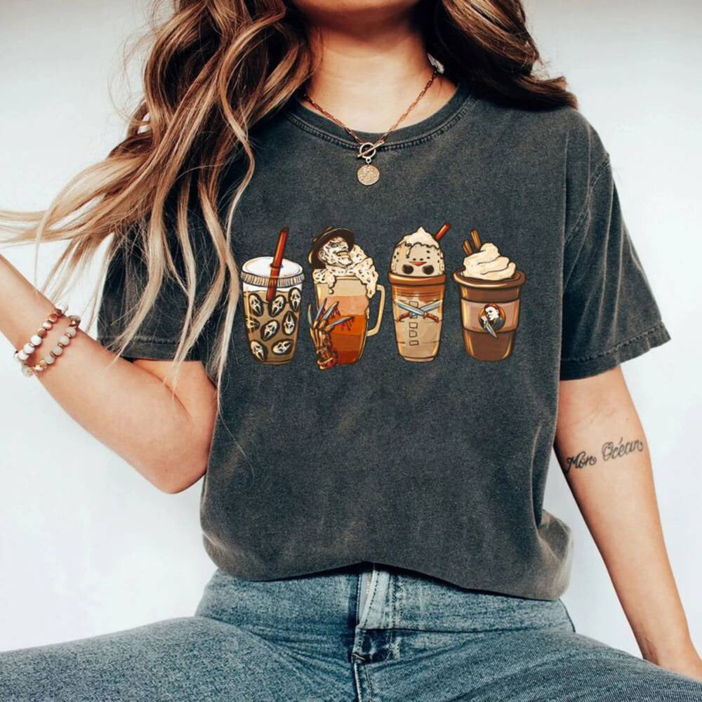 Horror Movie Coffee Latte Shirt, Horror Characters Coffee Cup Sweatshirt,Halloween Drink Cozy Shirt,Fall Sweatshirt For Women HL23