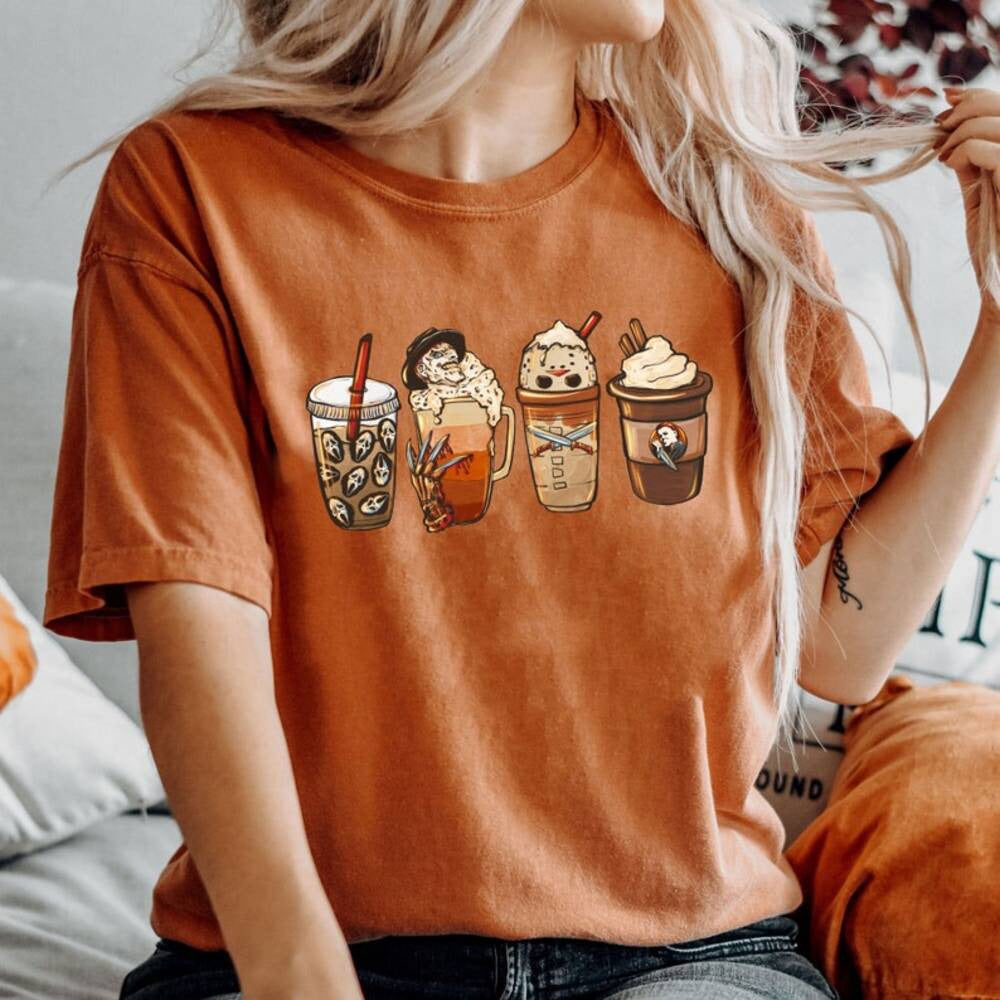 Horror Movie Coffee Latte Shirt, Horror Characters Coffee Cup Sweatshirt,Halloween Drink Cozy Shirt,Fall Sweatshirt For Women HL23