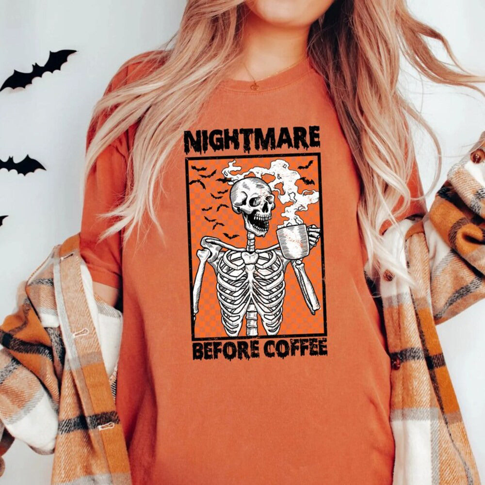Halloween Nightmare Before Coffee Skeleton Shirt, Halloween Coffee Shirt, Funny Halloween Tee, Trendy Fall Coffee Lover Gift HL23