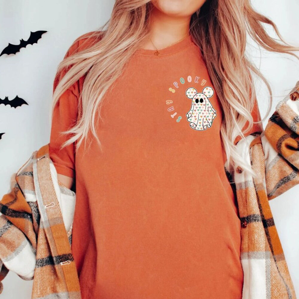 Halloween Shirt Retro Stay Spooky Pocket Tee, Funny Ghost Shirt, Vintage Pumpkin Season Shirt for Women, Cute Ghost Shirt HL23