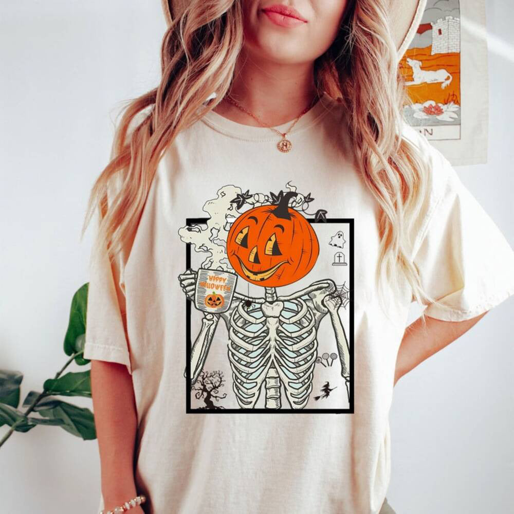Skeleton Pumpkin Shirt, Halloween Coffee T-Shirt, Womens Fall Fashion shirt, HALLOWEEN Coffee t-shirt, iprintasty halloween HL23