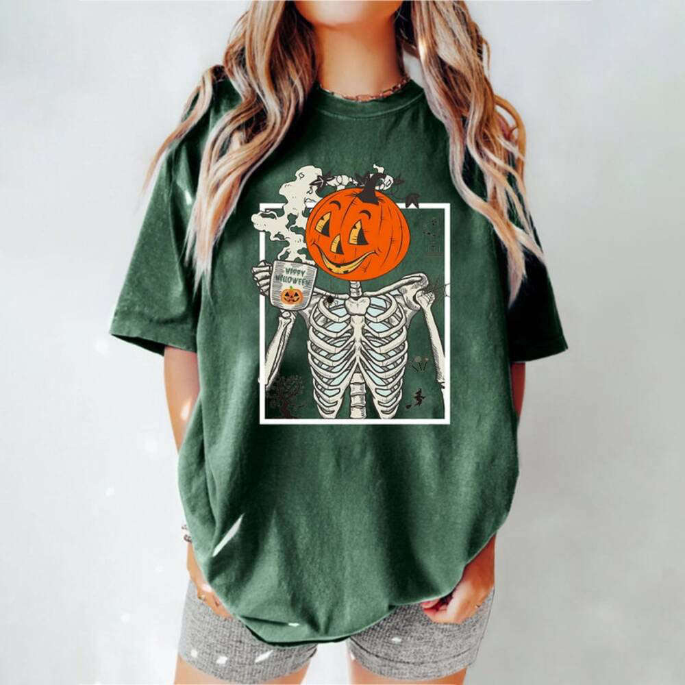 Skeleton Pumpkin Shirt, Halloween Coffee T-Shirt, Womens Fall Fashion shirt, HALLOWEEN Coffee t-shirt, iprintasty halloween HL23