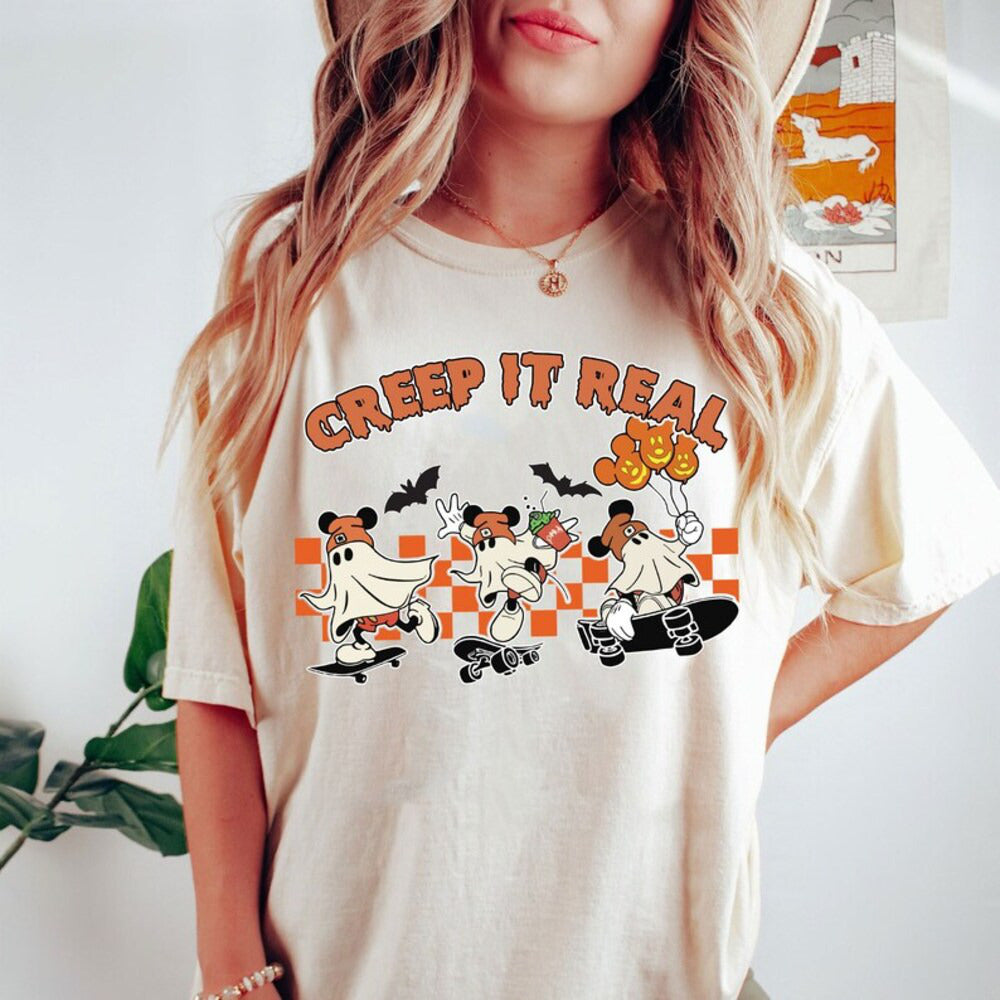 Mickey Ghost Creep It Real Shirt,Mickey Ghost Spooky Season With Pumpkin Tee, Retro Mickey Ghost Halloween Tee HL23