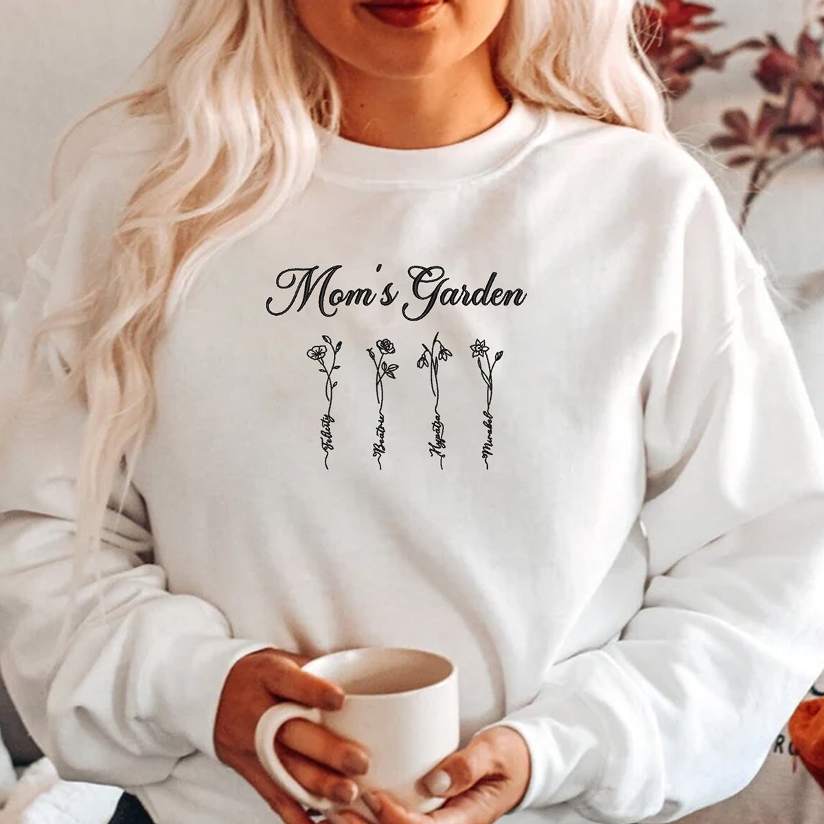 Custom Birth Flower Mom embroidered Sweatshirt With Kids Names em5