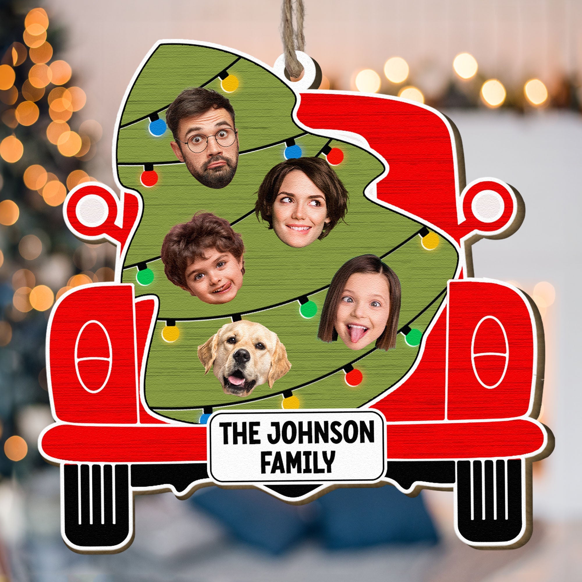 Custom Christmas Red Truck With Tree Family - Personalized Wooden Photo Ornament ORN0810