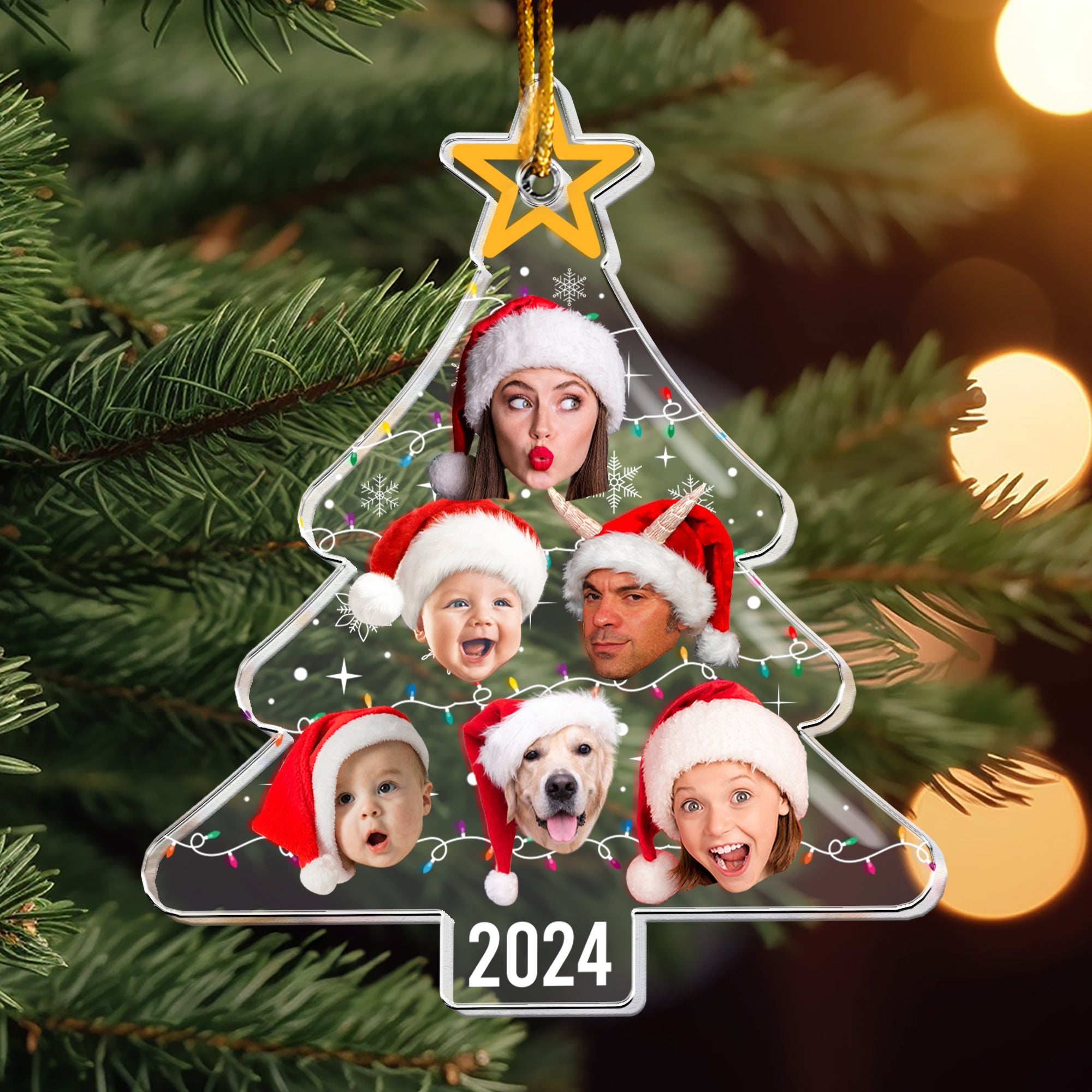 Custom Face Christmas Tree With Led Light Funny Family - Personalized Acrylic Photo Ornament ORN0810