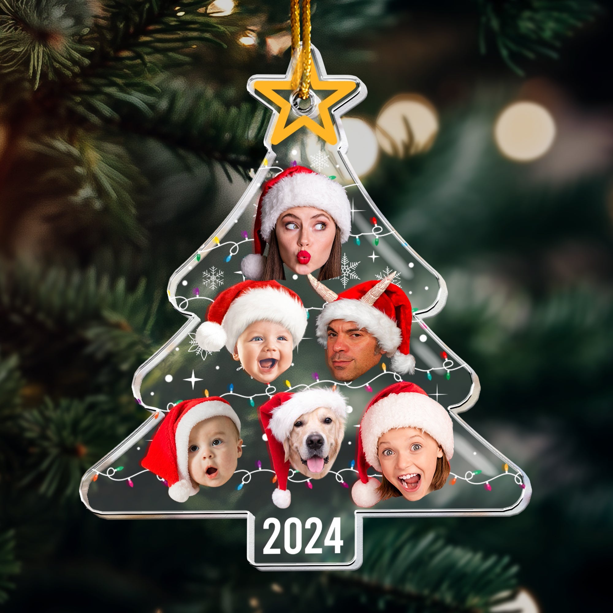 Custom Face Christmas Tree With Led Light Funny Family - Personalized Acrylic Photo Ornament ORN0810