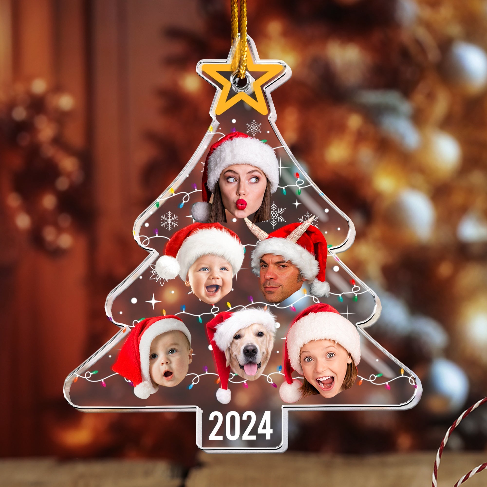 Custom Face Christmas Tree With Led Light Funny Family - Personalized Acrylic Photo Ornament ORN0810