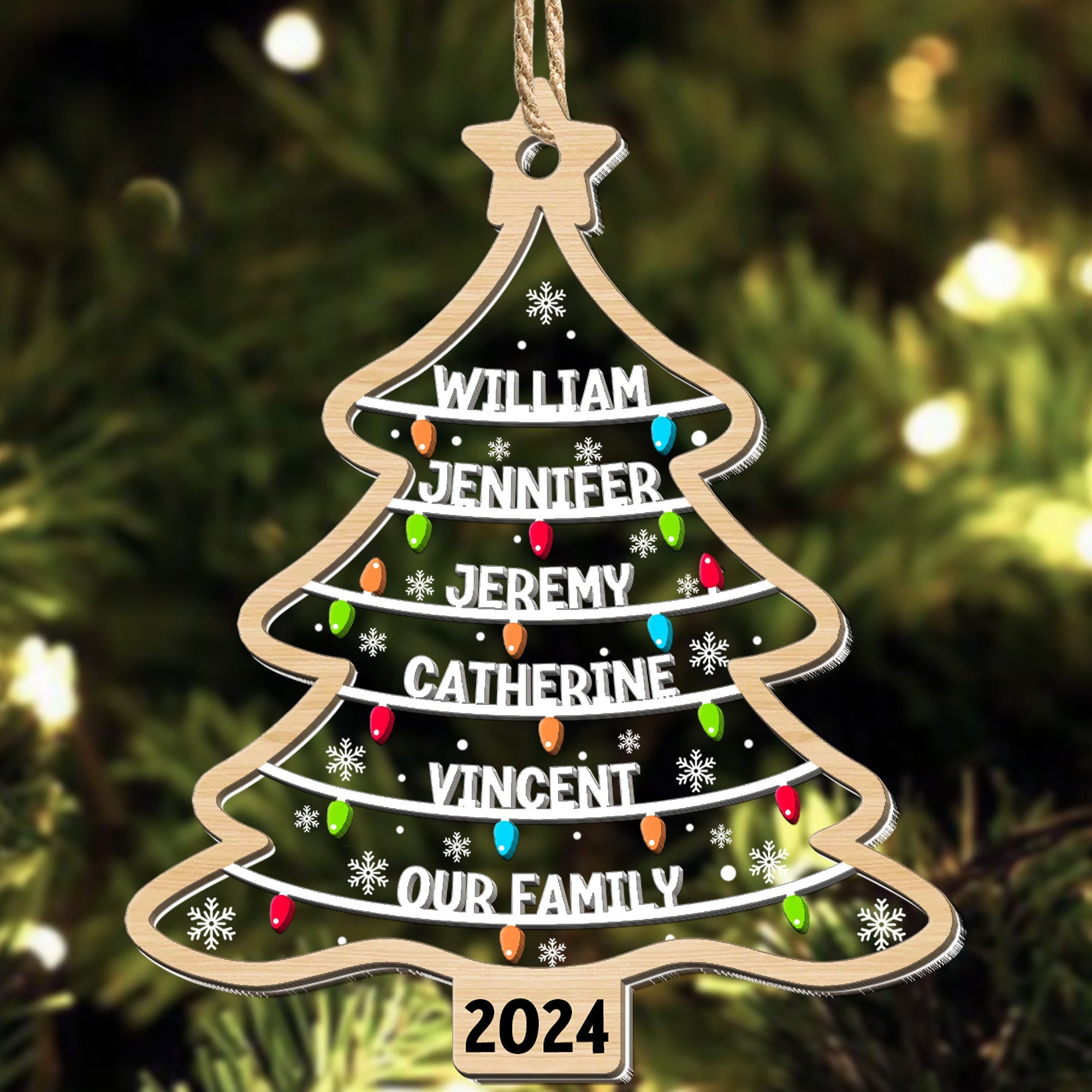 Custom Family Names Christmas Tree - Personalized Wood And Acrylic Ornament ORN0810