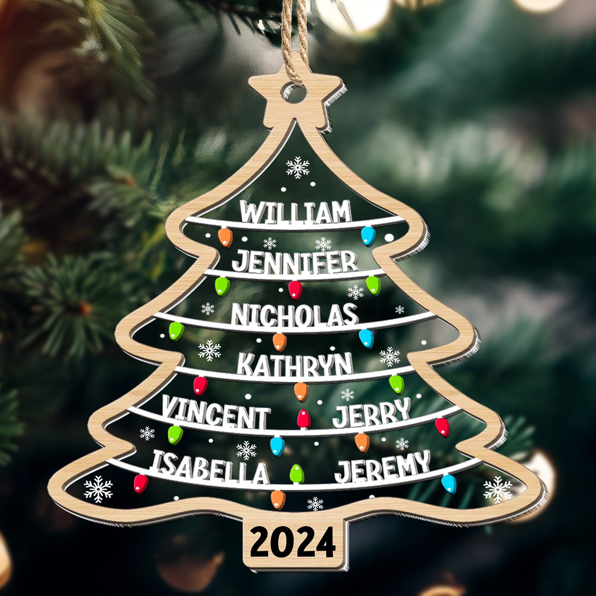 Custom Family Names Christmas Tree - Personalized Wood And Acrylic Ornament ORN0810