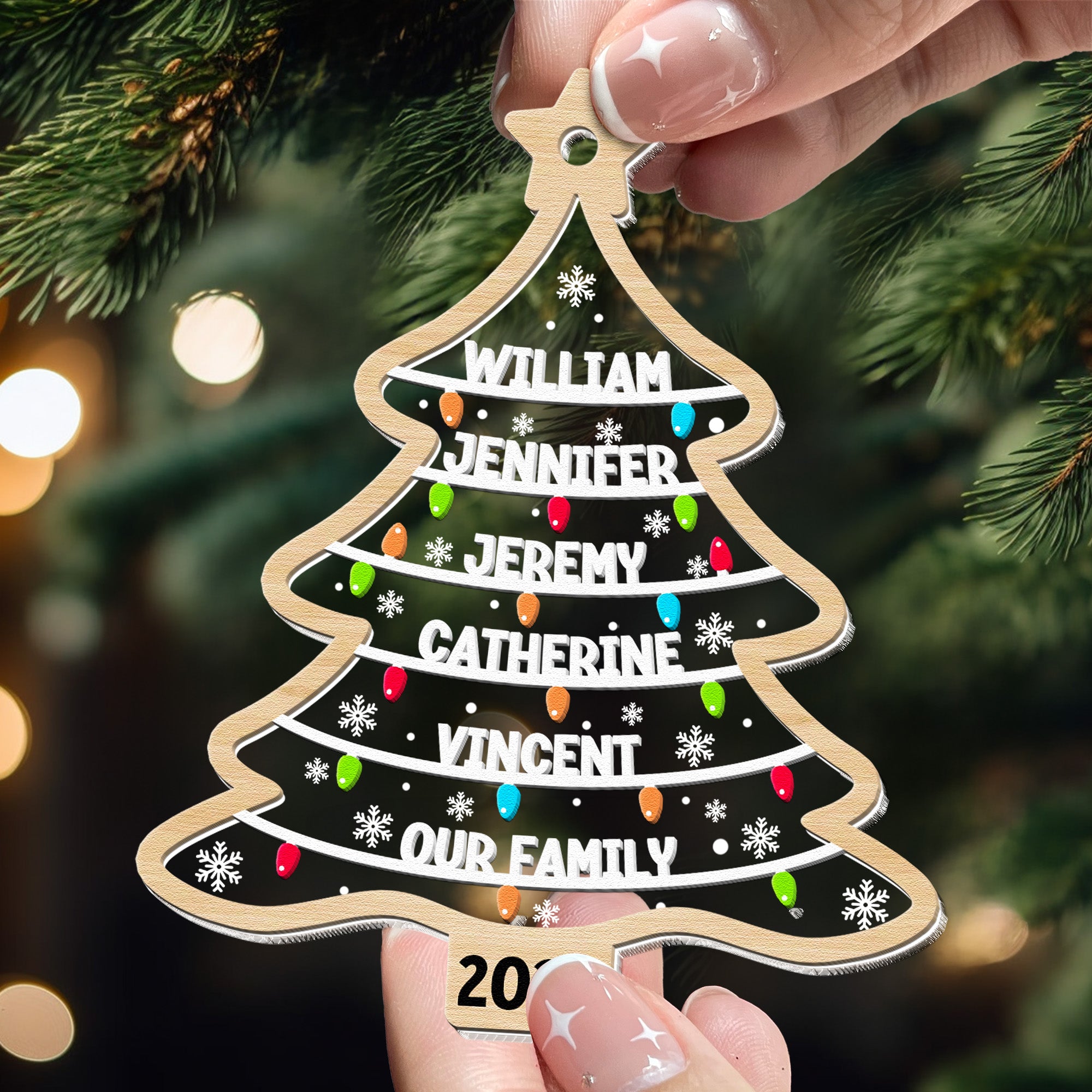 Custom Family Names Christmas Tree - Personalized Wood And Acrylic Ornament ORN0810