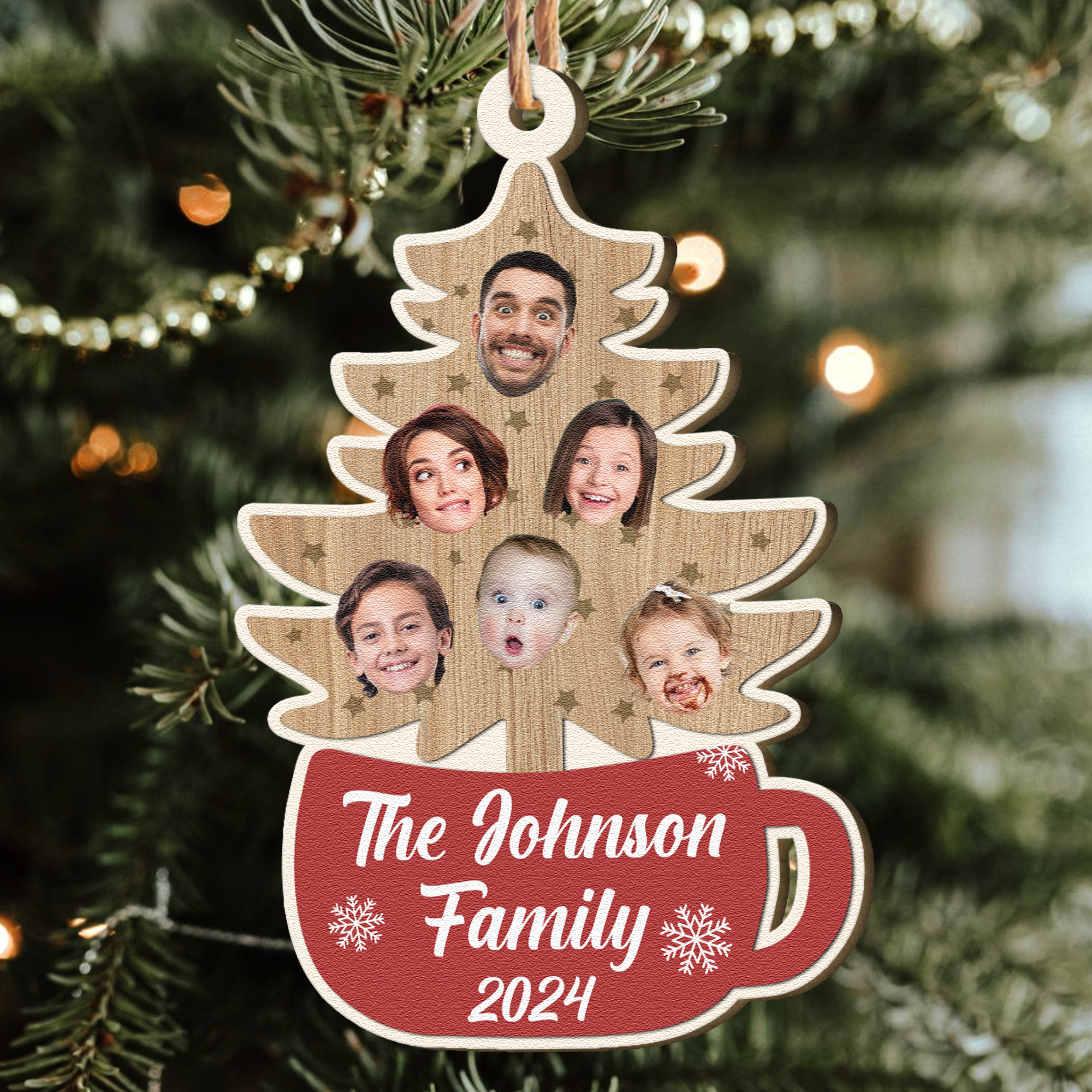 Custom Family Photo With Christmas Tree - Personalized Wooden Photo Ornament ORN0810